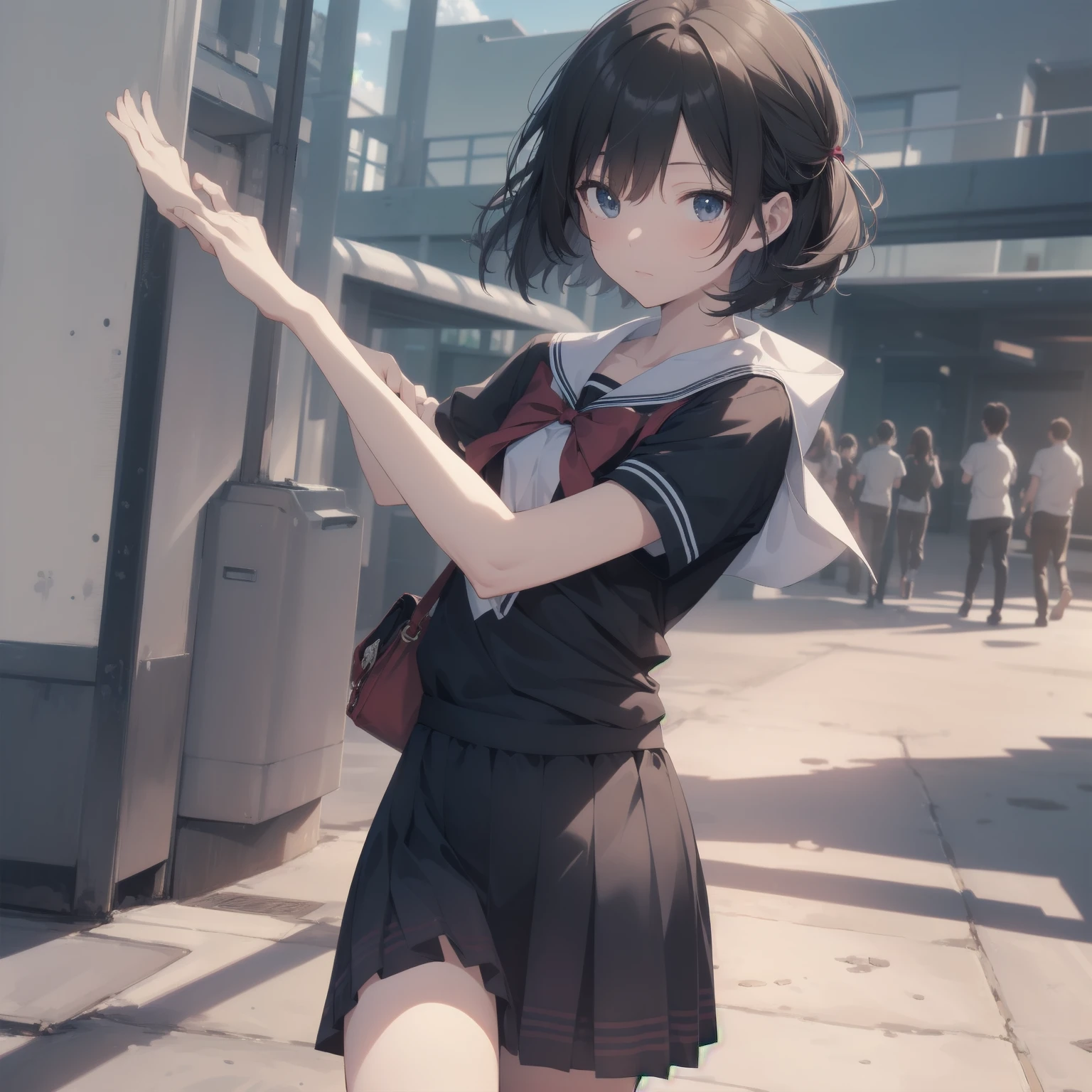 ultra-absurdres-Top quality by artist God, ultra-detailed, high resolution, anime moe artstyle, best anime 8k konachan wallpaper, pixiv contest winner, pool:2810, perfect anatomy,break, 1girl, (Please draw a girl walking sleepily to school alone. )break,(Solo,little female, 13-year-old:1.3),Full limbs, complete fingers,a junior high school student, (very short hair), short cut, flat chest, , small butt, small black eyes, beautiful detailed eyes, well-proportioned iris and pupils, expressive eyes, highres detailed hair, soft expression, salor school_uniform, sailor collar, serahuku, bow, pleated skirt,(Detailed Lighting), (Detailed background), in the School commute route. break,super detailed skin, Best cinematic lighting powered by famous artist, 8k,beauty illustration,photoshop_(medium),very aesthetic,break,((artist:sumiyao_(amam) )), artist:clamp ,artist:carnelian ,artist:kantoku ,