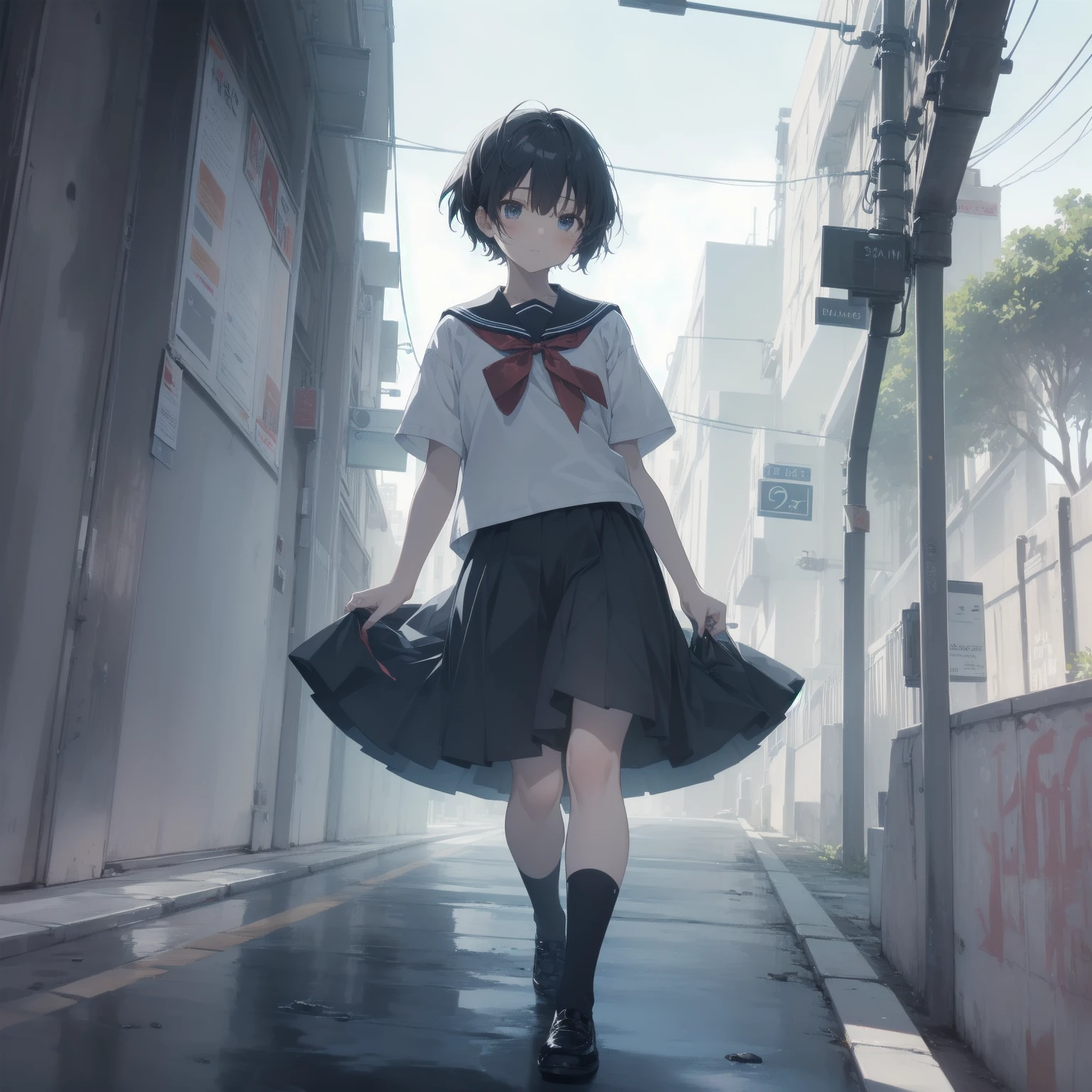 ultra-absurdres-Top quality by artist God, ultra-detailed, high resolution, anime moe artstyle, best anime 8k konachan wallpaper, pixiv contest winner, pool:2810, perfect anatomy,break, 1girl, (Please draw a girl walking sleepily to school alone. )break,(Solo,little female, 13-year-old:1.3),Full limbs, complete fingers,a junior high school student, (very short hair), short cut, flat chest, , small butt, small black eyes, beautiful detailed eyes, well-proportioned iris and pupils, expressive eyes, highres detailed hair, soft expression, salor school_uniform, sailor collar, serahuku, bow, pleated skirt,(Detailed Lighting), (Detailed background), in the School commute route. break,super detailed skin, Best cinematic lighting powered by famous artist, 8k,beauty illustration,photoshop_(medium),very aesthetic,break,((artist:sumiyao_(amam) )), artist:clamp ,artist:carnelian ,artist:kantoku ,
