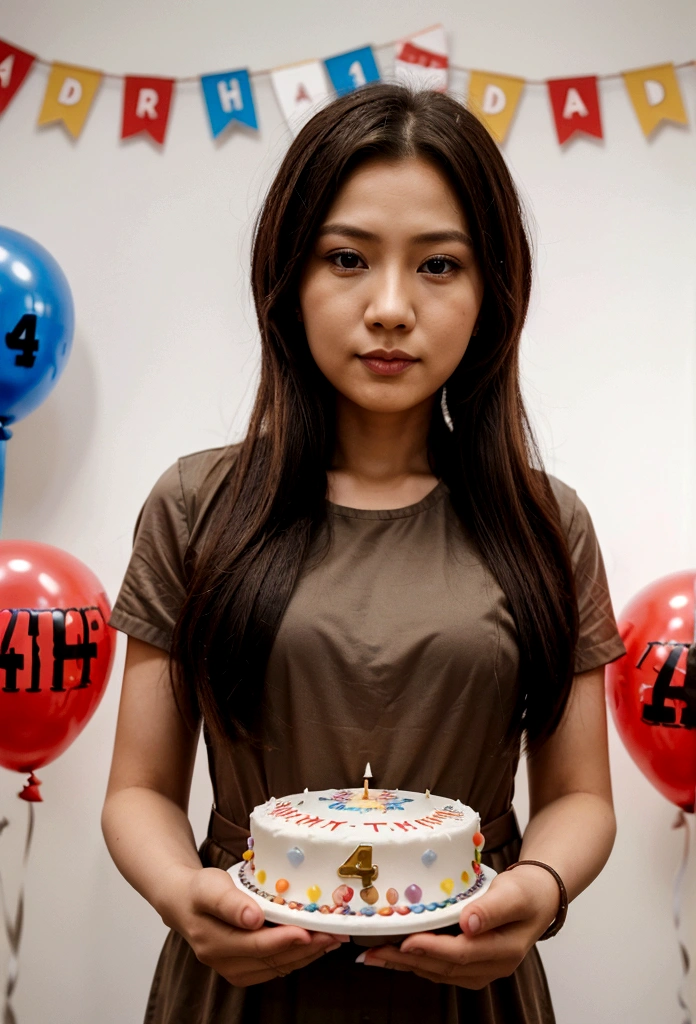 a mother asia long hair, and boy short hair her 4 year old son, holding a birthday cake that says "Aska Timotius", the candle is in the shape of the number 4, background ballon happy birthday, detail, photography, 4k