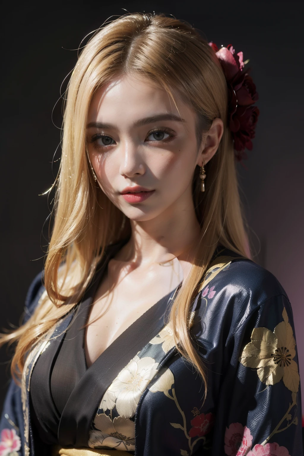 (Hyper Real), ancient shrine maiden, female shaman, giant beauty, safe, high resolution, real short hair, blonde, blonde woman, skin texture details, super high resolution, realistic, plump figure, smile, beautiful expression, small purple hair Airy long blonde hair, divine spirit, very delicate and detailed skin texture, (ancient luxury luxury temple), ancient priestess, cleavage, plunging neckline, big red lips , (luxurious purple croptop and luxurious accessories)