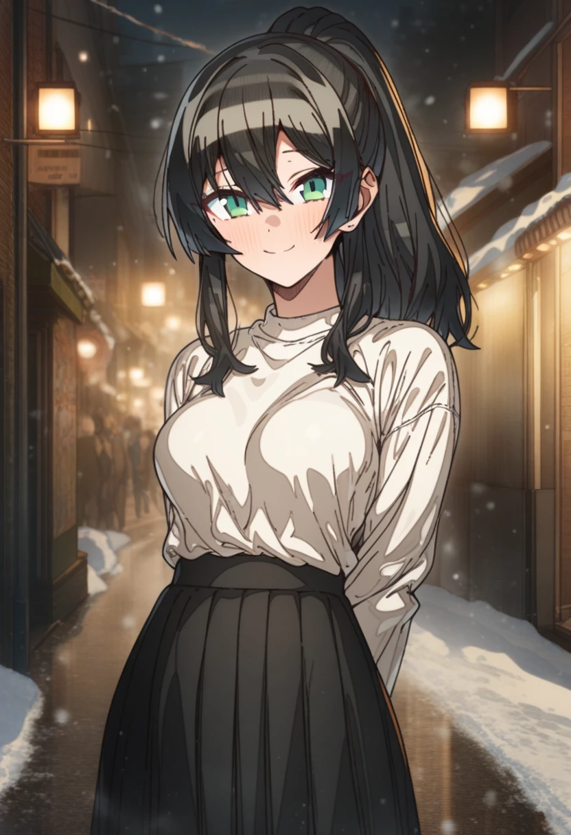 1girl, erere, solo, official art, black hair, green eyes, smile, attractive, looking at viewer, pony tail, side bangs, medium breasts, black pleated skirt, white shirt, hands behind back, raised eyebrows, expressive, smile, outdoors, scenery, best quality, masterpiece, (very aesthetic, best quality, ultra detailed), light particles, snow, moonlight, street, blush, swept_bangs, 
