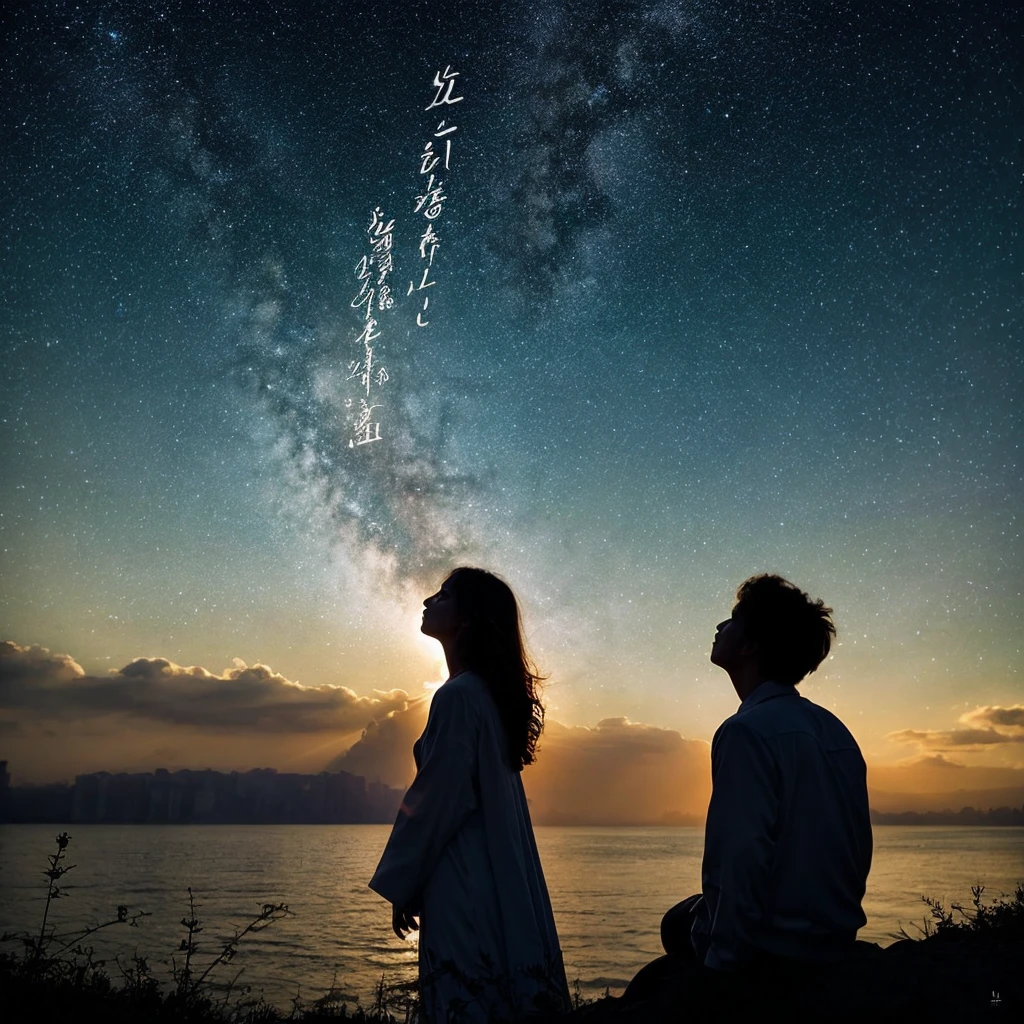 Background: The background should start on the left side as a night scene with a dark, starless sky and a silhouette of a crying figure, symbolizing despair and hopelessness. As the scene progresses to the right, the sky should lighten, transitioning into a dawn with soft, warm colors, symbolizing hope and redemption.
Central Elements: In the middle, depict a mystical light appearing from the night sky, gradually transforming into a wise and solemn godly figure. The god should have an aura of light, representing guidance and wisdom.
Foreground: On the left side, show the figure of a person making a wish, their expression determined but naive. As the scene transitions, this figure should appear more powerful but also increasingly isolated and sad. On the right side, depict the same person now humbled and reflective, surrounded by symbols of love and friendship—such as hearts, intertwined hands, and soft light—to represent their realization and change of heart.
Symbols: Incorporate subtle symbols throughout the cover. Broken chains near the powerful figure to represent the breaking of moral constraints, and blooming flowers near the humbled figure to signify growth and renewal.
Text: The album title "Journey of the Heart" should be prominently displayed at the top in a cursive, elegant font. The artist's name, "Your Name," should be at the bottom in a bold, modern font.
Color Scheme: Use a dark color palette (blacks, deep blues, purples) on the left side, transitioning to a brighter palette (oranges, pinks, light blues) on the right side to visually represent the transformation from despair to hope.
。 High resolution, masterpiece, Highest quality, Intricate details, Very detailed, Clear focus, Delicate skin, practical skin texture, texture, Delicate eyes, Professional, 4K, Shot with Canon, 85mm, Shallow and deep, Kodak Vision Color, Exactly, Very detailed, photograph_\(Extremist\), photographpractical, practical, Post-processing, Maximum details, Roughness, Real Life, Extremist practical, Photorealism, photographgraphy, 8K Ultra HD, photographgraphy