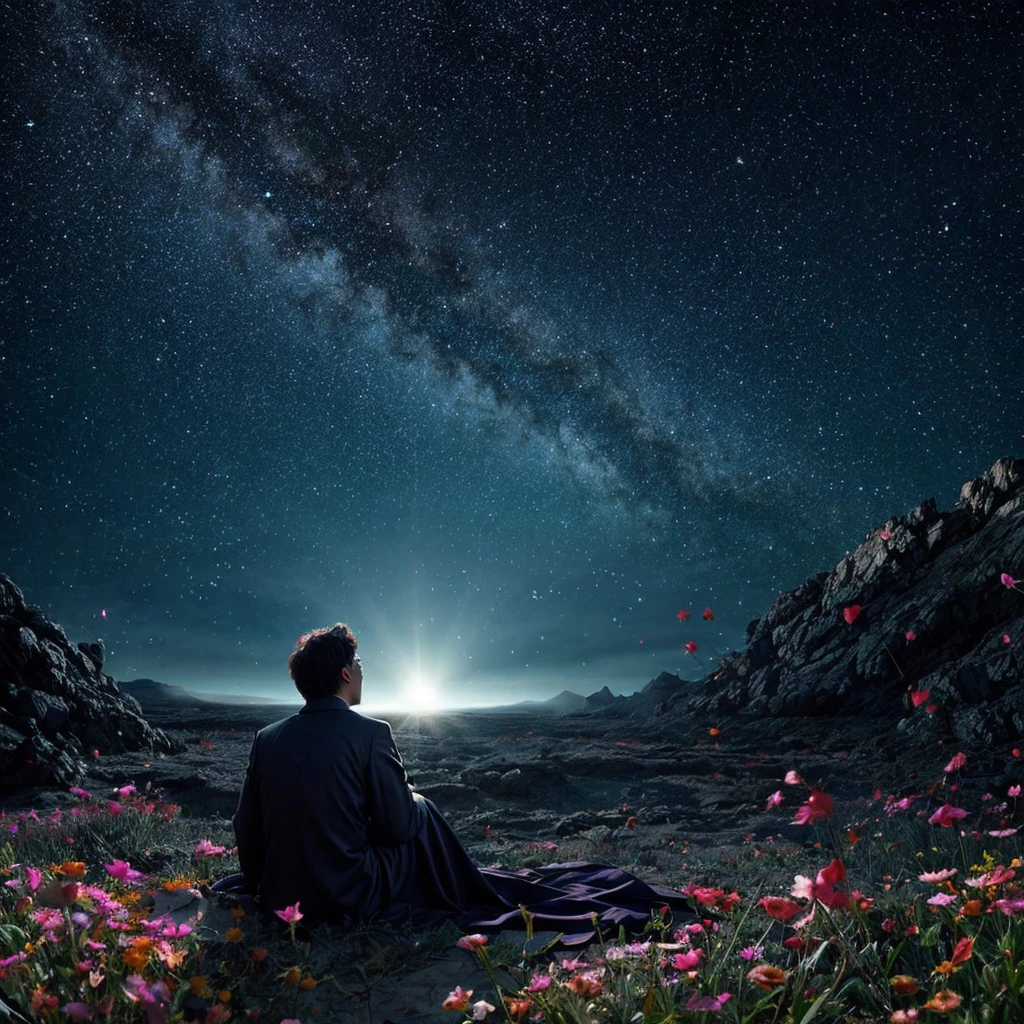 
Background: The background should start on the left side as a night scene with a dark, starless sky and a silhouette of a crying figure, symbolizing despair and hopelessness. As the scene progresses to the right, the sky should lighten, transitioning into a dawn with soft, warm colors, symbolizing hope and redemption.

Central Elements: In the middle, depict a mystical light appearing from the night sky, gradually transforming into a wise and solemn godly figure. The god should have an aura of light, representing guidance and wisdom.

Foreground: On the left side, show the figure of a person making a wish, their expression determined but naive. As the scene transitions, this figure should appear more powerful but also increasingly isolated and sad. On the right side, depict the same person now humbled and reflective, surrounded by symbols of love and friendship—such as hearts, intertwined hands, and soft light—to represent their realization and change of heart.

Symbols: Incorporate subtle symbols throughout the cover. Broken chains near the powerful figure to represent the breaking of moral constraints, and blooming flowers near the humbled figure to signify growth and renewal.

Text: The album title "Journey of the Heart" should be prominently displayed at the top in a cursive, elegant font. The artist's name, "Your Name," should be at the bottom in a bold, modern font.

Color Scheme: Use a dark color palette (blacks, deep blues, purples) on the left side, transitioning to a brighter palette (oranges, pinks, light blues) on the right side to visually represent the transformation from despair to hope.
。 High resolution, masterpiece, Highest quality, Intricate details, Very detailed, Clear focus, Delicate skin, practical skin texture, texture, Delicate eyes, Professional, 4K, Shot with Canon, 85mm, Shallow and deep,  Kodak Vision Color, Exactly, Very detailed, photograph_\(Extremist\), photographpractical, practical, Post-processing, Maximum details, Roughness, Real Life, Extremist practical, Photorealism, photographgraphy, 8K Ultra HD, photographgraphy