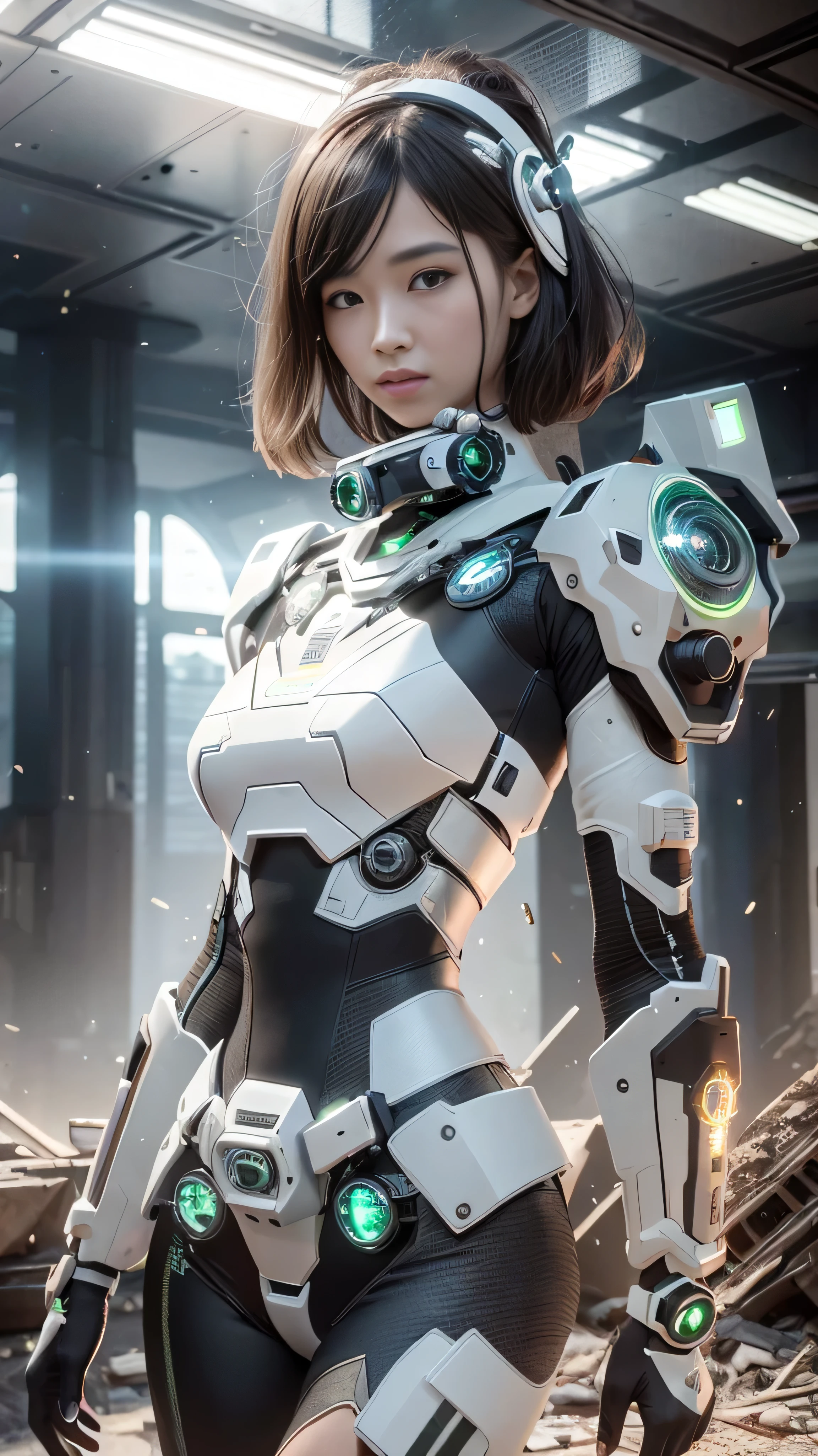 Raw quality, ((Highest quality)), ((masterpiece)), (High definition:1.3), 3d,Shitmeka, Beautiful cyberpunk woman with a mech in the ruins of an abandoned war city, Portrait Photography, Arms are raw skin, Ancient Technology,HDR(High Dynamic Range),Ray Tracing,nvidia RTX,Super-resolution,Unreal 5,Subsurface Scattering,PBR Texturing,Post-processing,Anisotropic Filtering,Depth of written boundary,Maximum clarity and sharpness,Multilayer Texture,Albedo and Specular Maps,Surface Shading,Accurate simulation of light-material interactions,Perfect proportions,Octane Rendering,Two-tone lighting,Low ISO,White balance,Three-part method,Wide aperture,8K RAW,Efficient Subpixel,Subpixel Convolution,Luminous Particles,Light Scattering,Tyndall effect