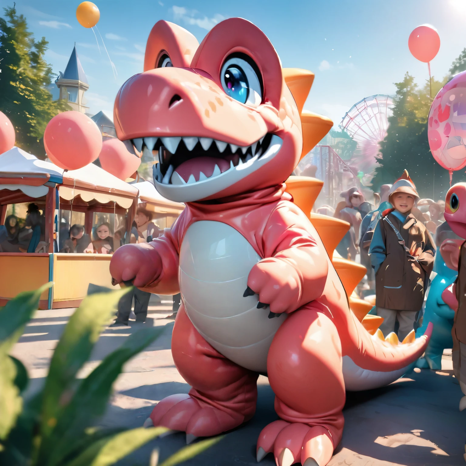 (best quality,8k,highres, masterpiece:1.2), ultra-detailed, HDR, UHD, studio lighting, ultra-fine painting, sharp focus, physically-based rendering, extreme detail description, professional, vivid colors, bokeh, portraits, concept artists, warm color palette, dramatic lighting,Amusement park on a sunny day, attendants in pink dinosaur costumes, smiling children around dinosaur costumes, attendants holding a bunch of balloons, sunny blue sky, people smiling, people playing on playground equipment in the background,