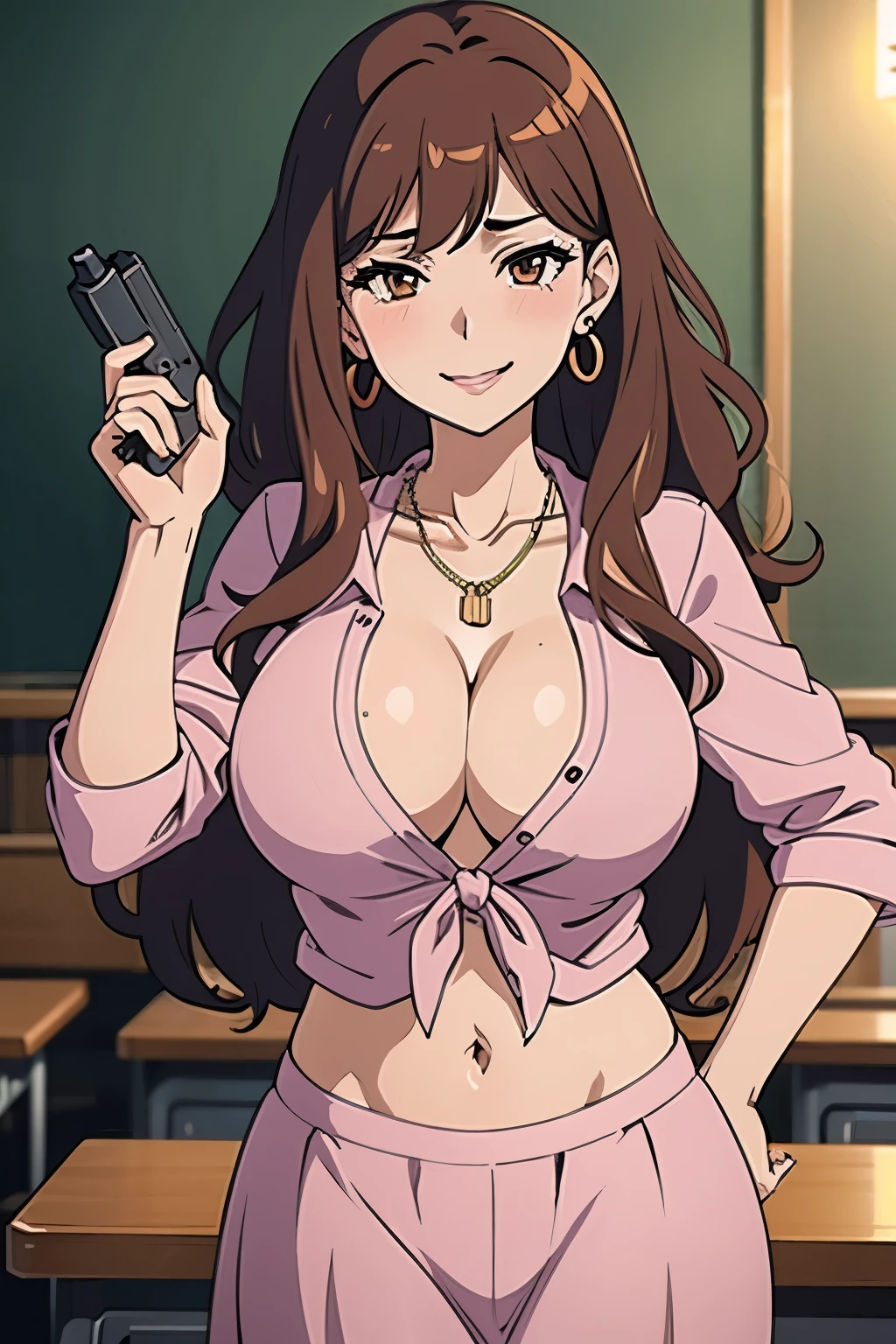 Brown Hair, Curly Hair, 1girl, 独奏, blush, lipstick, masterpiece, best quality, ((unbuttoned , cleavage, necklace, earrings, sexy body,
breasts)) , micro skirt, smiling, navel , exposed belly, exposed navel,(nsfw) not safe for work,school,knot,
classroom , holding a gun, hold a gun,