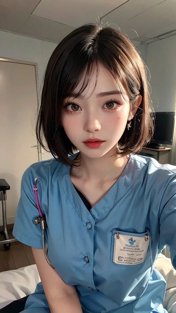 (Highest quality, masterpiece:1.3), ((Beautifully detailed face)), Beautiful and detailed skin, Intricate details, Very detailed, Best image quality in 8K, (18 year old girl:nurse,Nurse uniform,mini skirt),Japanese girl,Baby Face,(Detailed Hair,Bobcut:1.4,Black Hair),Detailed lips,Open your mouth,(Hospital room,bed),blush,Embarrassing,Realistic Face,Realistic Skin,(sexy:2.0,Clothes are disheveled),(Vibrant Skin,Moisturized Skin:1.2),Vivid lips,Lip gloss