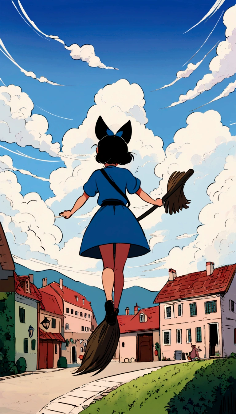 Fantasy painting，Kiki&#39;s Delivery Service,A girl in blue flying through the sky on a broom,Back view，Ghibli style,Croatian residential area