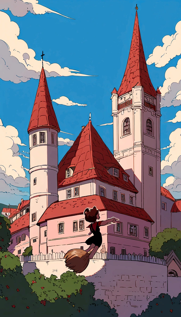 Fantasy painting，Kiki&#39;s Delivery Service,A girl in blue flying through the sky on a broom,Back view，Ghibli style,Croatian residential area