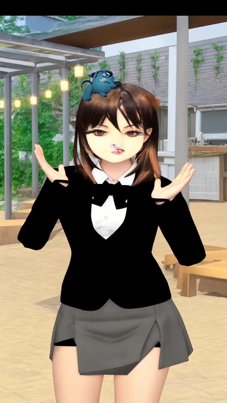 Transform the 3D anime-style character into a photorealistic human while preserving the original pose and facial expression. The character should wear a black blazer with a bowtie and a checkered skirt, both rendered with realistic textures and details. The small blue creature on the character's head should look like a lifelike yet whimsical creature. Enhance the background elements, including plants, pergola, and lighting, to appear more realistic with natural textures and consistent lighting. Maintain the overall composition and ensure shadows and highlights are natural and cohesive.