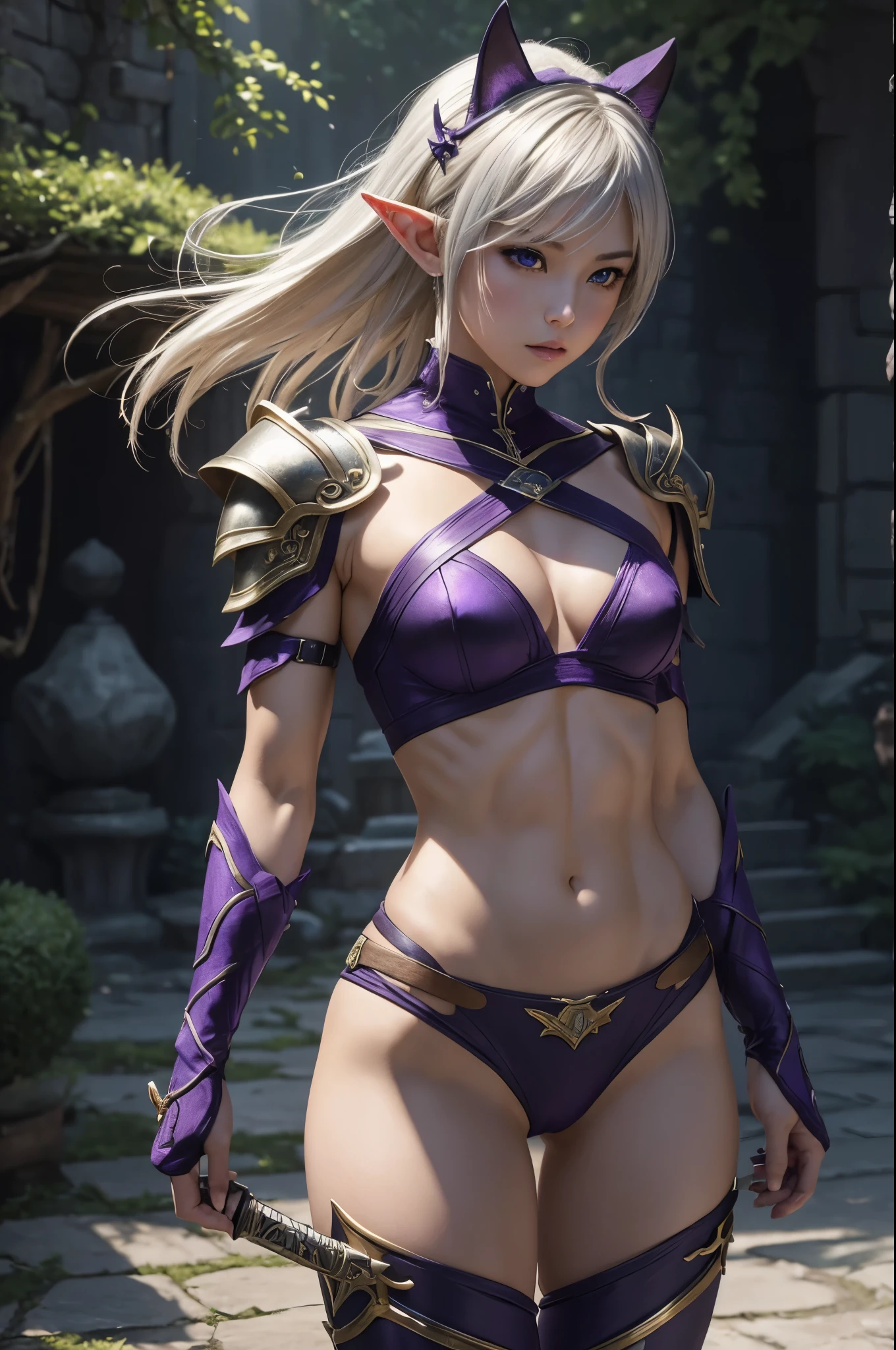 8K、Blonde short bobヘアのエルフ、Super Beauty(Realistic)、Alafeido woman in purple and black outfit、Ultra-detailed fantasy characters、3D Rendering Character Art、blue eyes、Detail Fantasy、Stunning Armor、Amazing character art、Gorgeous Female Paladin、Ultra-high resolution、Ultra-Realistic Skin、Beautiful expression、Sexy appearance、Enchanting、Beautiful small breasts、Rich colors、Backlight、Cinema Lighting、Film Grain、50mm lens、Nikon D850、Fantasy art、Dynamic fighting poses、In a dimly lit dungeon、make、Elf Ears、Very muscular and slim body、Very strong abs(Six Pack)、Silver hair ornament(one point)、Purple and black combat pants、湾曲した銀2Holds two small swords in each hand、Preparing for battle、Blonde short bob,Strengthening muscles throughout the body,Extremely strong and defined abs(Six Pack),２Holds two small swords in each hand,With a silver and purple bow,