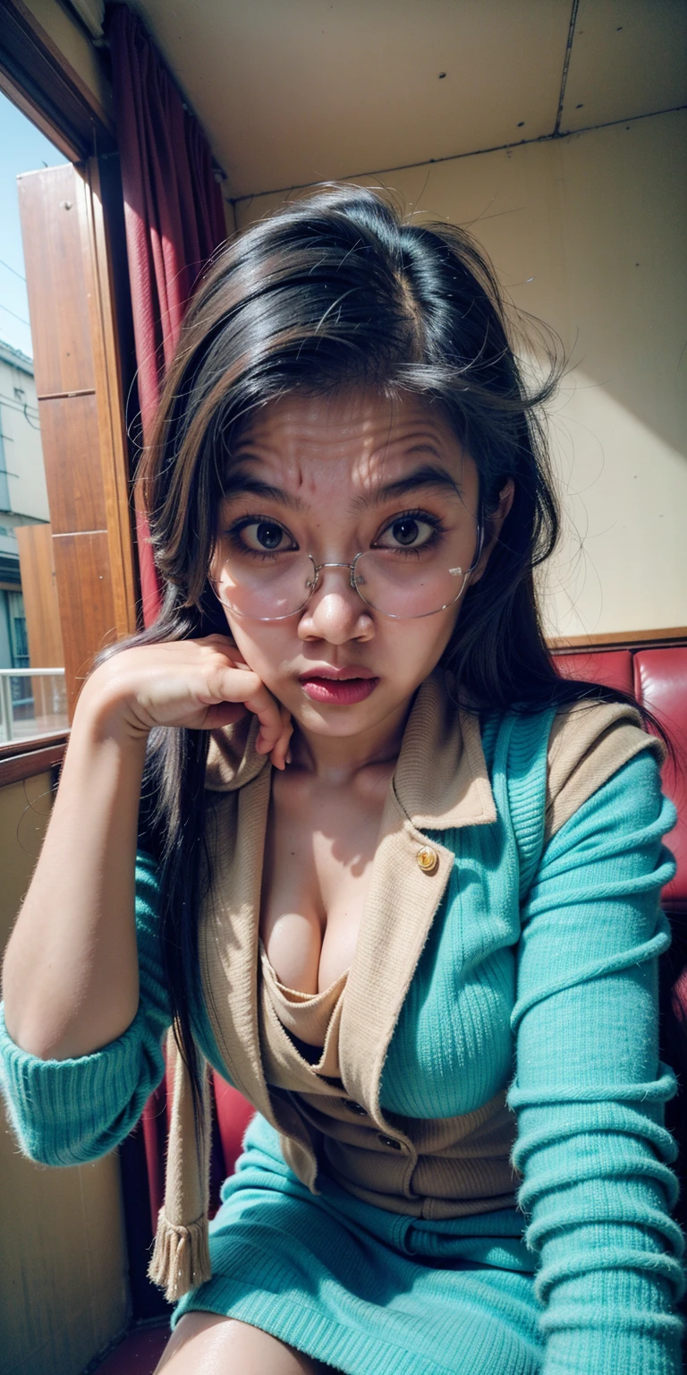 Malay women, glasses, chubby cheeks, curvy body, (8k, RAW photo, best quality, masterpiece:1.2), (realistic, photo-realistic:1.37), ultra-detailed,(detailed beautiful girl:1.4),1 girl, full body shot Super Sexy teacher lady, vest office suit,micro mini skirt,slender, cleavagevery seductive lips and face.