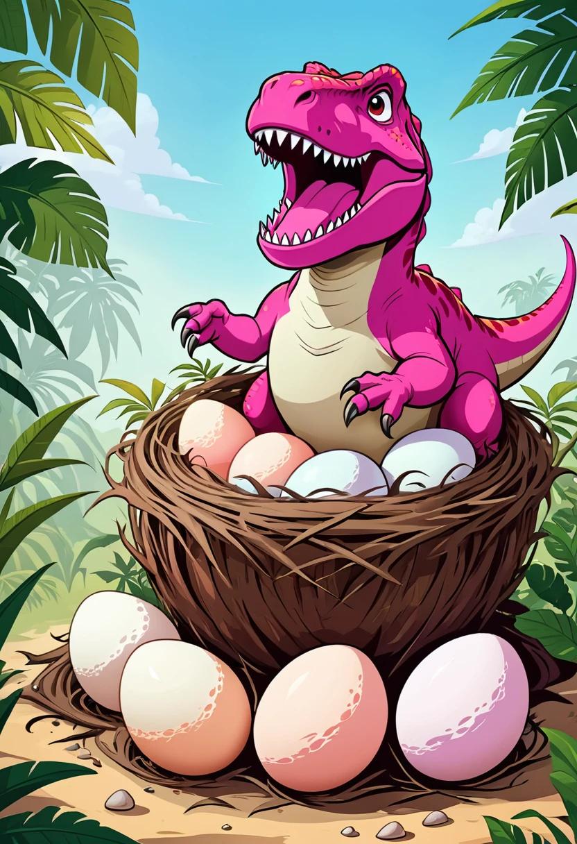 Funny pink Tyrannosaurus Rex,Dinosaur eggs in the nest