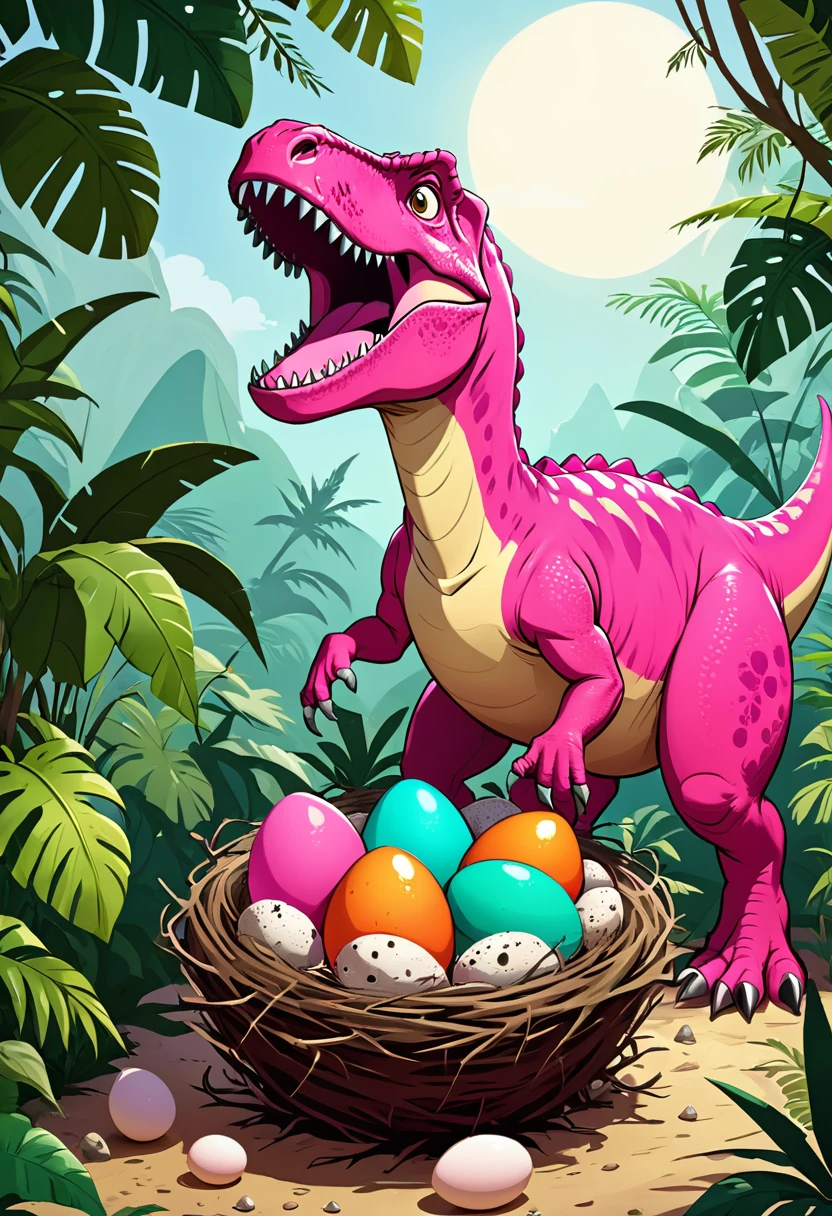 Funny pink Tyrannosaurus Rex，Dinosaur eggs in the nest