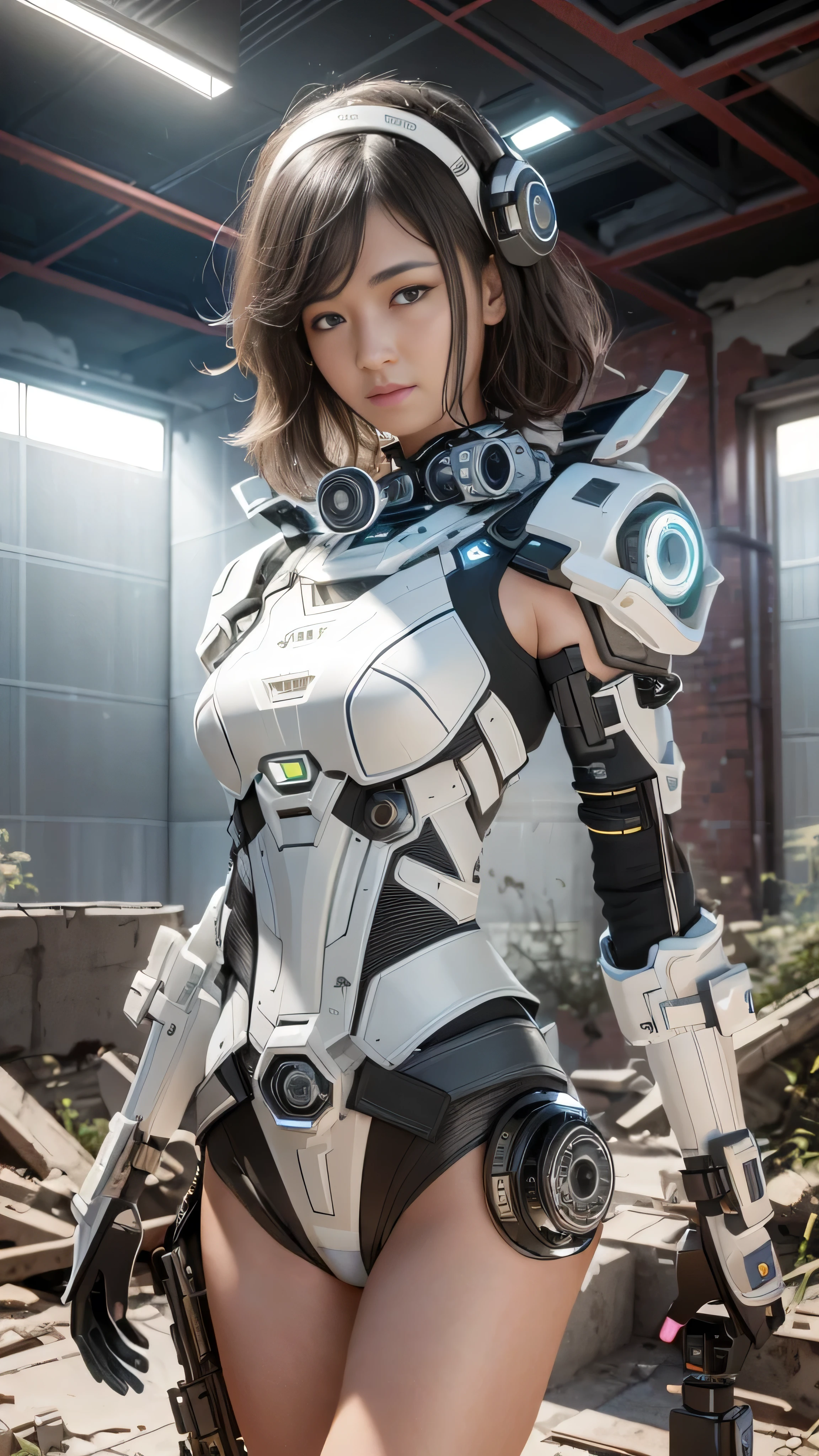 Raw quality, ((Highest quality)), ((masterpiece)), (High definition:1.3), 3d,Shitmeka, Beautiful cyberpunk woman with a mech in the ruins of an abandoned war city, Portrait Photography, Arms are raw skin, Ancient Technology,HDR(High Dynamic Range),Ray Tracing,nvidia RTX,Super-resolution,Unreal 5,Subsurface Scattering,PBR Texturing,Post-processing,Anisotropic Filtering,Depth of written boundary,Maximum clarity and sharpness,Multilayer Texture,Albedo and Specular Maps,Surface Shading,Accurate simulation of light-material interactions,Perfect proportions,Octane Rendering,Two-tone lighting,Low ISO,White balance,Three-part method,Wide aperture,8K RAW,Efficient Subpixel,Subpixel Convolution,Luminous Particles,Light Scattering,Tyndall effect