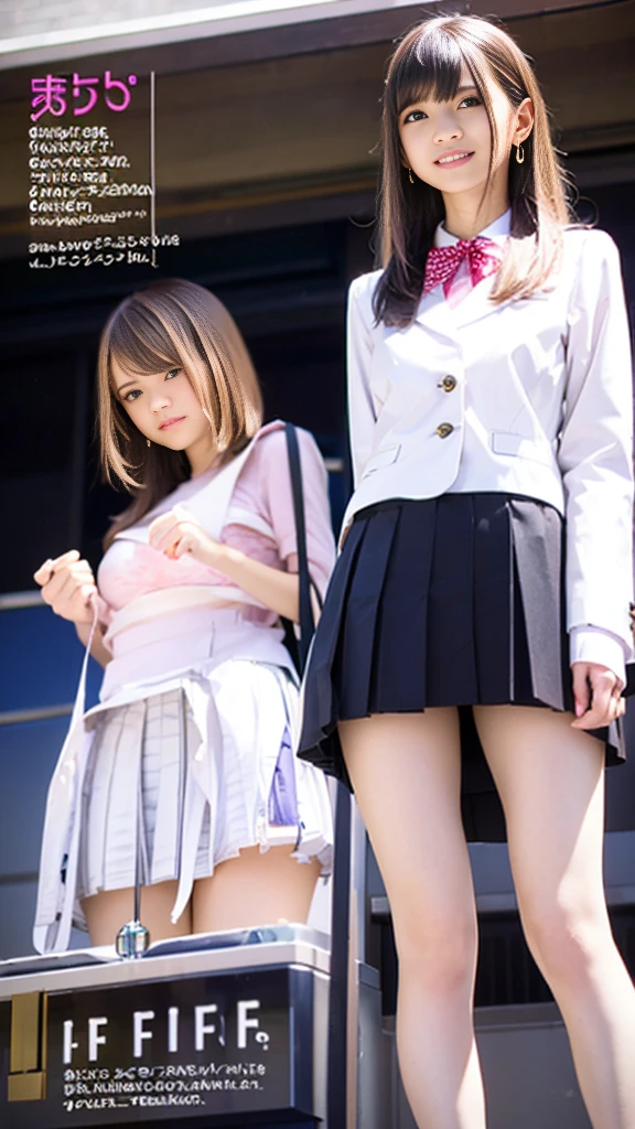 Product quality, 1girl in, upperbody shot, Front view, a Japanese young pretty woman, Long bob hair, Walking on the crowded sidewalks of the city with a big smile, school bag on her shoulder, Glamorous figure, Wearing a dark blue jacket over a white collared shirt、Wearing a shiny satin dark blue plain long tie, wearing a dark blue pleated skirt, hyper cute face, Glossy lips, Double eyelids in both eyes, Natural makeup, long eyelashes, Glossy smooth light brown long bob hair, asymmetrical bangs, skin tanned, central image, High resolution, high detailing, detailed hairstyle, Detailed face, spectacular movie lighting, Octane Rendering, Vibrant, Hyper realistic, Perfect limbs, Perfect Anatomy