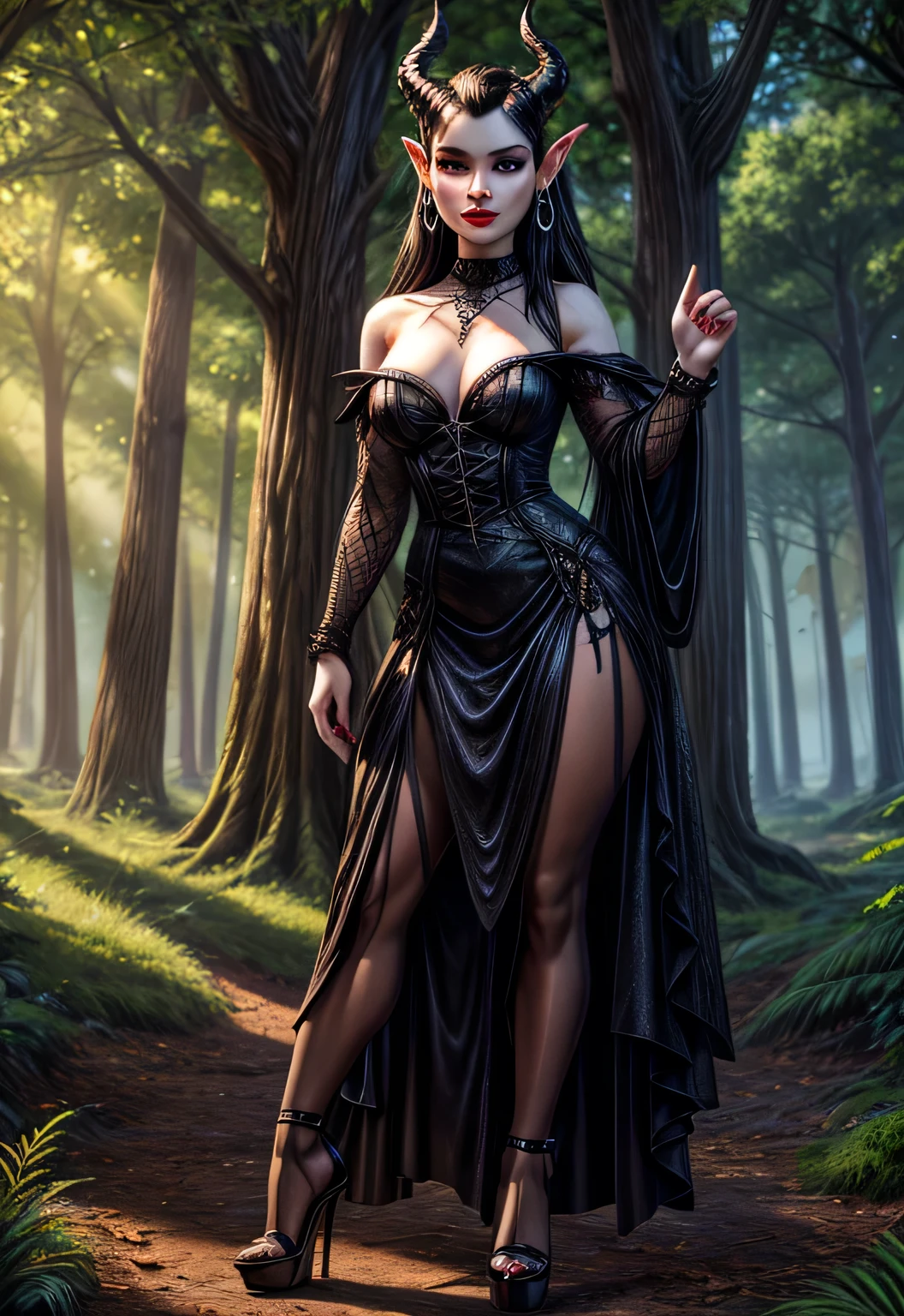 UHD 8k, HDR+, Beautiful Maleficent with calle, black hair, big piercing eyes, huge earrings, giant earrings, black high heel shoes, high heels, black gothic dress,, Against the background of the forest, detailed background, realistic, 1girl, solo girl, 20 year old girl, ultra realistic face, hyperrealistic, hyperdetailed, (looking at viewers), sharpen, detailed face, detailed eyes, detailed lips, red lips, beautiful face, 16k, FHD, raw photo, cute face mesh, pretty face mesh, portrait shot 8 k