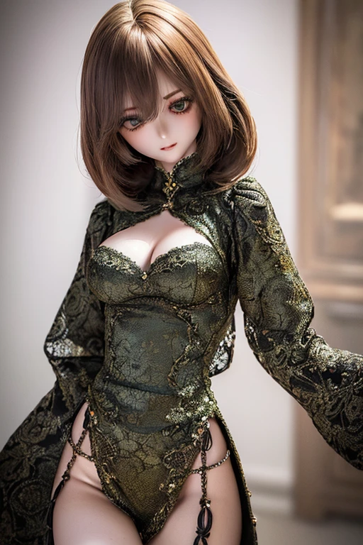 ((highest quality)), ((masterpiece)), (extremely detailed), kukolnydom, doll, (mature woman:1.8), solo, ((eye level shot)), sitting on sofa, green eyes, (looking down, blank eyes:1.3), light smile, dress, castle, 8k