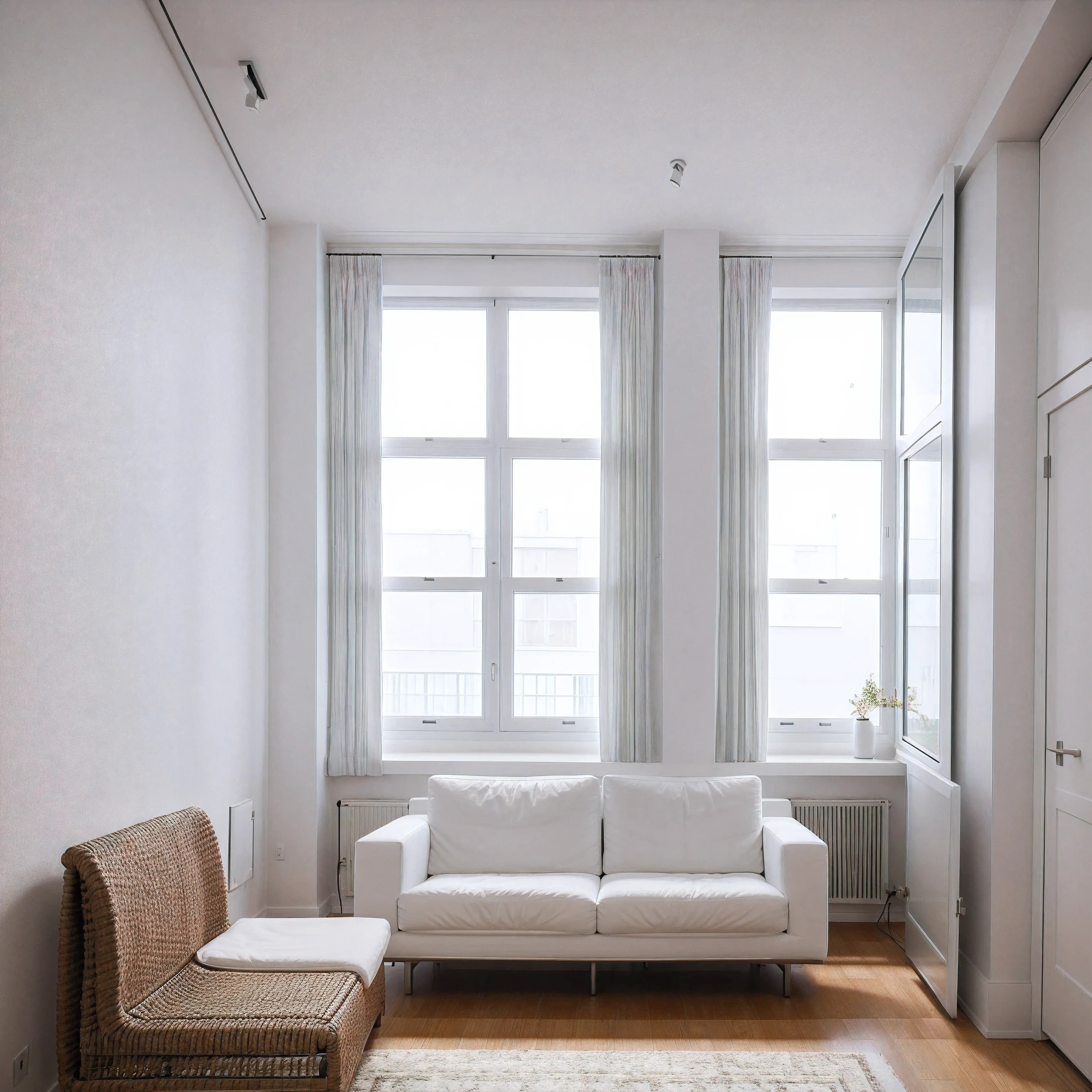 Highest quality,masterpiece,interior design,unmanned,Modern Style,living room,window,Daytime,sunlight、studio、Apartment、The walls are white、There is nothing in the room