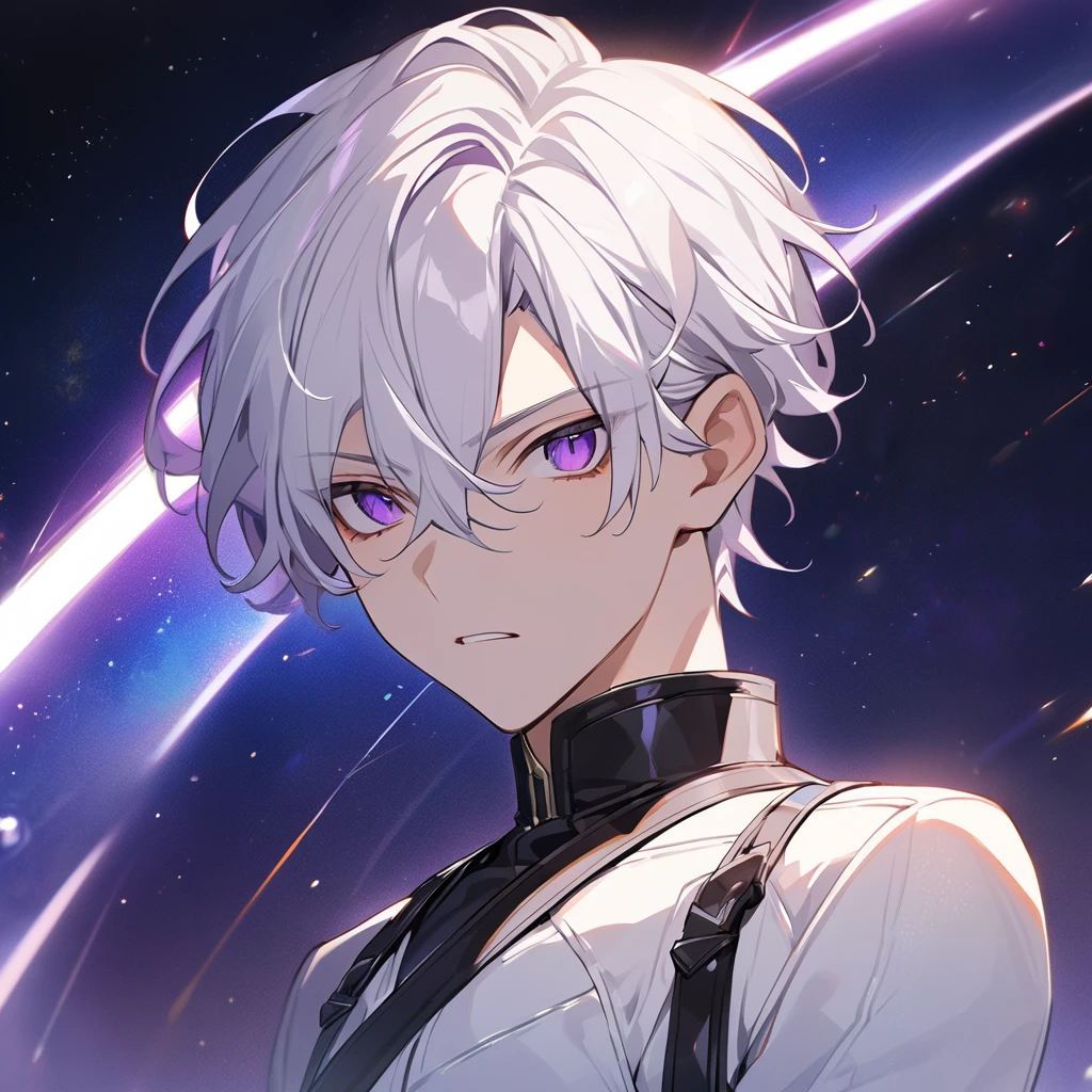 High quality, HD, 4k, no shadows, handsome male, 1male, 17 years old, teenager, golden lining, short white hair, sharp eyes, dark purple eyes, deep purple eyes, devil may cry, close up, calm expression, stoic expression, black leather clothes, white leather clothing, lean body, well trained body, upper body, looking at viewer, cowboy shot, white solar, space background
