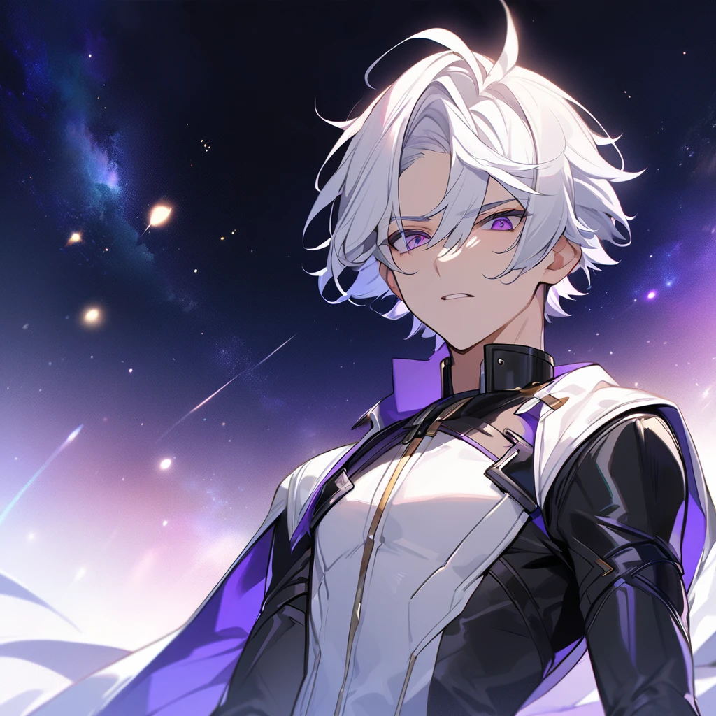 High quality, HD, 4k, no shadows, handsome male, 1male, 17 years old, teenager, golden lining, short white hair, sharp eyes, dark purple eyes, deep purple eyes, devil may cry, close up, calm expression, stoic expression, black leather clothes, white leather clothing, lean body, well trained body, upper body, looking at viewer, cowboy shot, white solar, space background