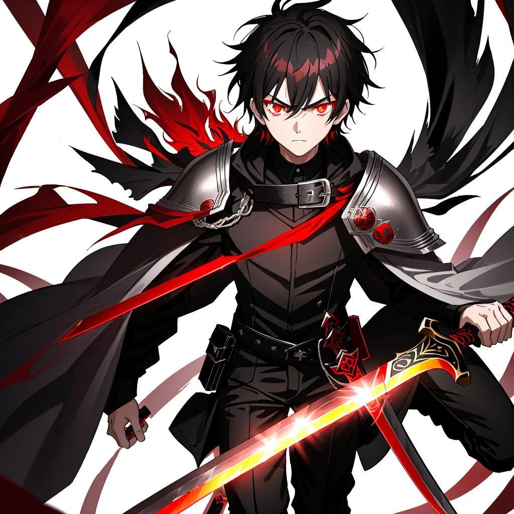 15-year-old male teenager, black hair, bright scarlet eyes, hateful gaze, serious face, dark aura, sword embedded in the ground, black blade with red details, white background, looking at the viewer.






