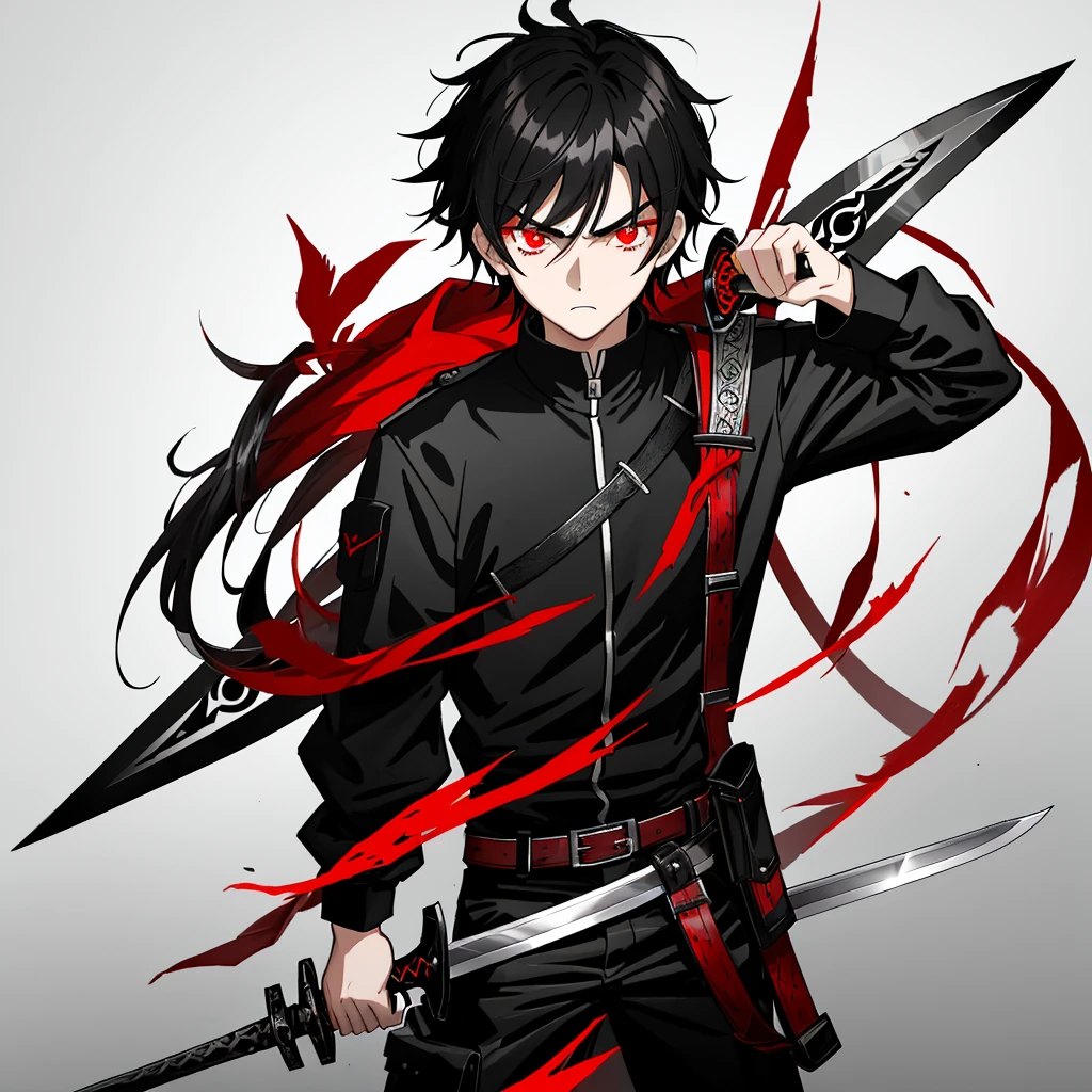 A teenage boy full of hatred, with black hair and scarlet eyes, holding the hilt of a sword with a black blade covered in eyes the same color as the boy's eyes.