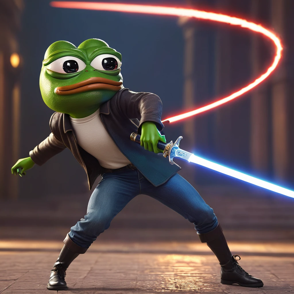 pepe the frog, fighting with his enemy holding a saber, highly detailed, 3D render, photorealistic, sharp focus, concept art, dynamic pose, intense expression, dramatic lighting, vivid colors, fantasy elements, intricate details, cinematic, epic scale