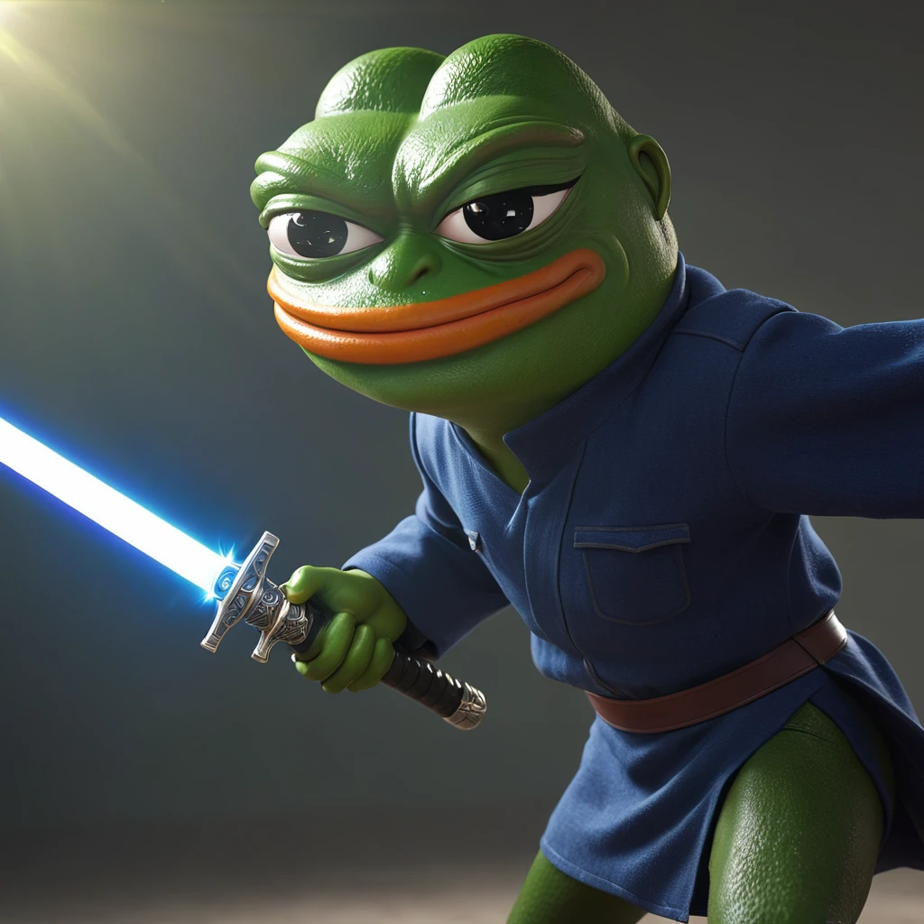 pepe the frog, fighting with his enemy holding a saber, highly detailed, 3D render, photorealistic, sharp focus, concept art, dynamic pose, intense expression, dramatic lighting, vivid colors, fantasy elements, intricate details, cinematic, epic scale