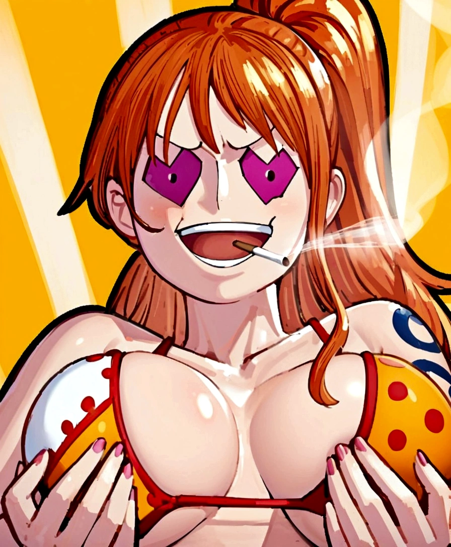 a cartoon picture of a woman in a bikini top and jeans, nami one piece, nami from one piece, nami, beautiful portrait of nami, from one piece, oppai, blue eyes, smoking, ponytail