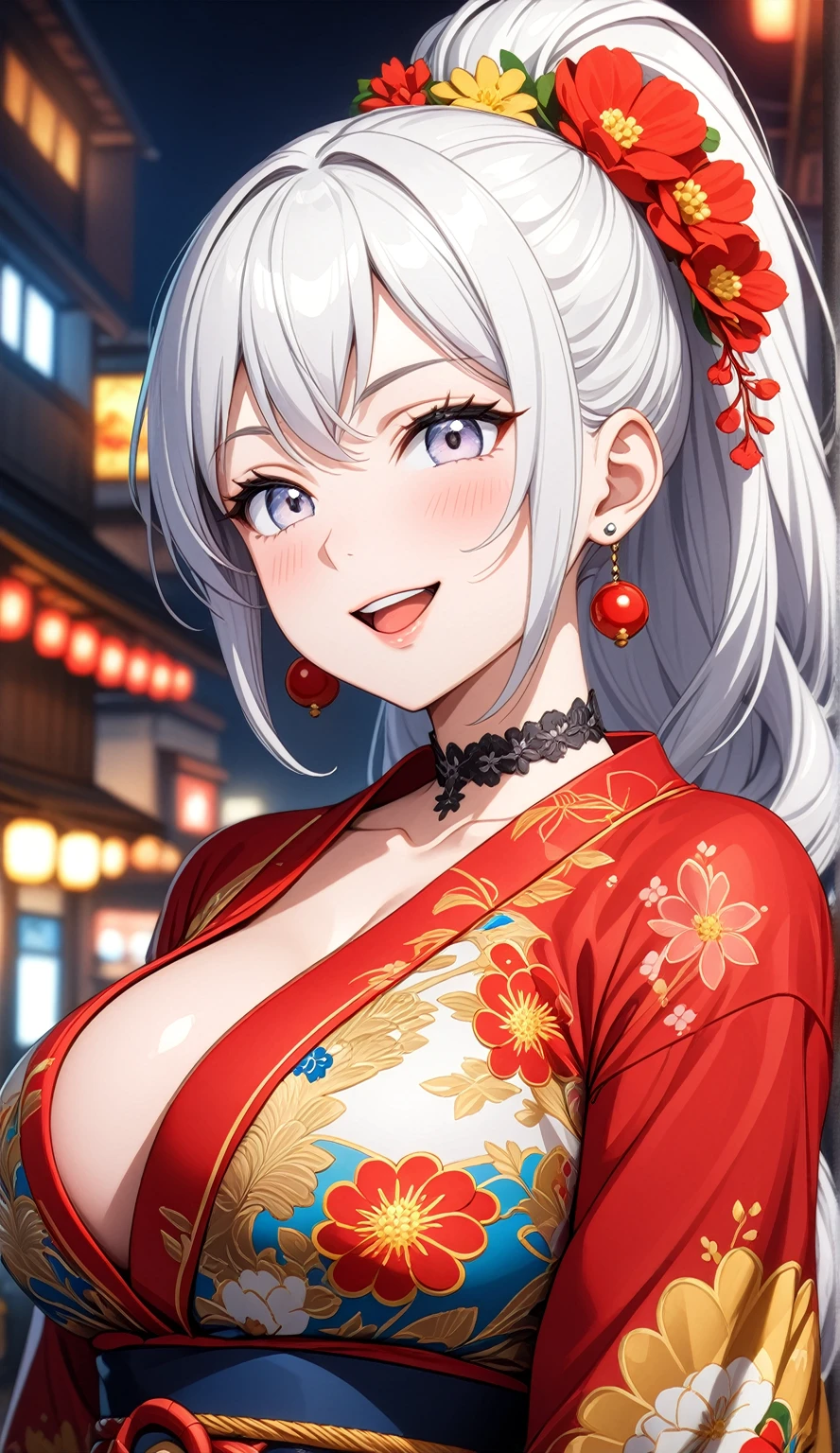 ((One personの女性)), Beautiful Face, (Laughing embarrassedly), (laugh:1.2),((Wink:1.9)), (head tilt:1.3), Laugh with your mouth wide open, upper teeth, ((Bright red cheeks:1.4)),Glossy Red Lips,rooftop, firework, Shining Face, ((Anime style background)),masterpiece, Highest quality, so beautiful,up to date, Complex details, (Pink long nails),(ring),(bracelet),(Floral choker),AI-generated, Complex,High resolution, Highest quality, super high quality,3D Images、3D Images,One person,Long white hair,High Ponytail, Anime woman posing for a photo,(blue eyes), ((Fine grain、Silvery white colorful eyes、Shining Eyes:1.4)), (Squint your eyes:1.1),a hyperRealistic , hyperRealistic , Realistic,Anime woman with long white hair, Smooth anime CG art, A woman in a colorful kimono with gold embroidery, (Black long sleeve kimono),Red floral pattern,Long flower hair ornament,Earrings,Mature Body,(Big Breasts:1.1),Tall,Abdominal muscles,Tight waist,(Zoom up to face:1.4), (front view),