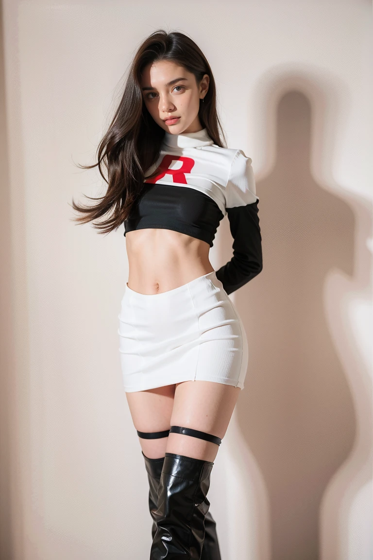 brandygordon, Team Rocket,Team Rocket uniform, red letter R, White skirt,White crop top,black thigh high stockings, black elbow length gloves, ((Skinny body)), )((small breasts))