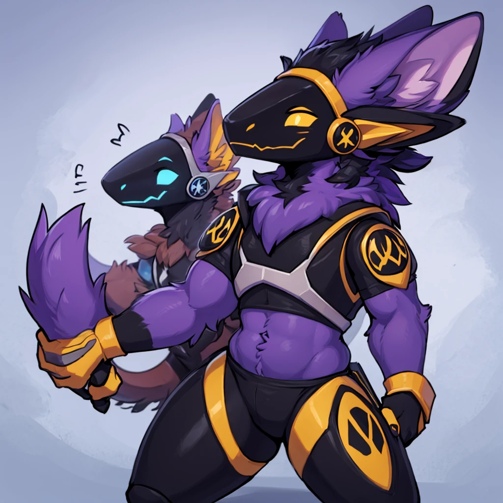 HD, high quality, Male, Protogen, Raven Team Leader colors, gaming background, wearing gamer clothes, purple fur