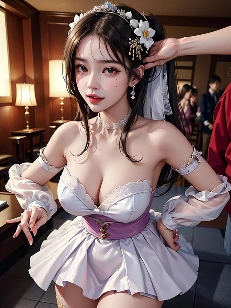 ((((Best Quality, 8K, 32K, masterpiece, 1.2)))),{{solo}},nsfw,{{{Artist: EUPHORIA's style}}},((perfect beautiful face:1.2)), in love hotel, wearing, idol dress, netorare, netorare face, spreading pussy with fingers, embarrassed, high quality of vagina, vivid pussy,((a lot of public hairs:1.1)),