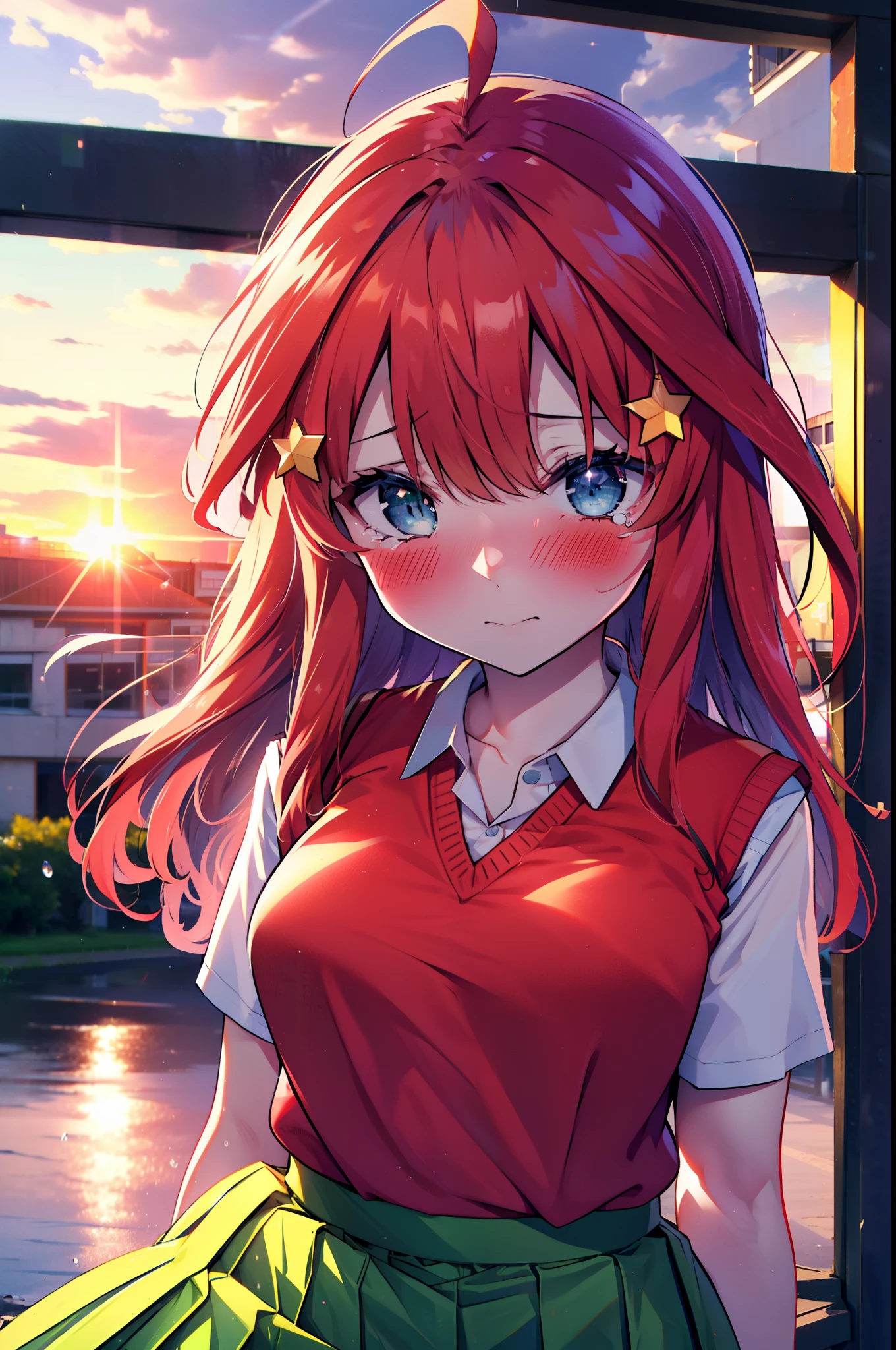 itsukinakano, itsuki nakano, bangs, blue eyes, Hair between the eyes, Ahoge, Redhead, star \(symbol\), hair ornaments, star hair ornaments,Tears stream down her face,Tears of joy,I cry a lot,blush,
skirt, shirt , clavicle, white shirt, Short sleeve, Pleated skirt, socks, collared shirt, mini skirt, Knee-high, white socks, (Green Skirt:1.5), (red sweater vest:1.5),Black Loafers,Sunset,evening,The sun is setting,whole bodyがイラストに入るように,
break outdoors, Back of the school building,
break looking at viewer, whole body,(Cowboy Shot:1. 5)
break (masterpiece:1.2), Highest quality, High resolution, unity 8k wallpaper, (figure:0.8), (Beautiful attention to detail:1.6), Highly detailed face, Perfect lighting, Highly detailed CG, (Perfect hands, Perfect Anatomy),
