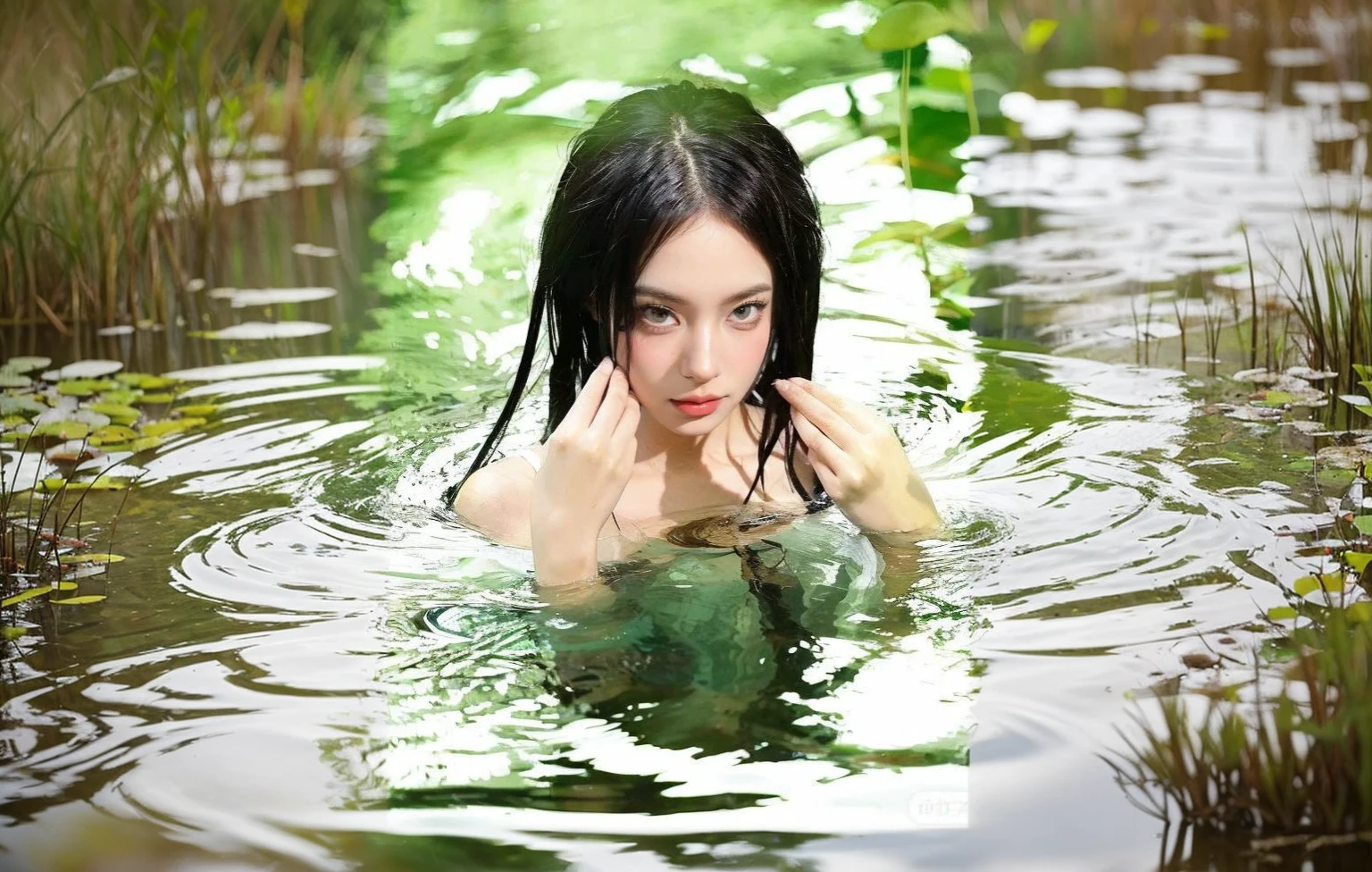 Low - Angle、Highest quality,Very detailed nude Japanese swamp monster、Spread your legs and show your vagina、Dark night fog