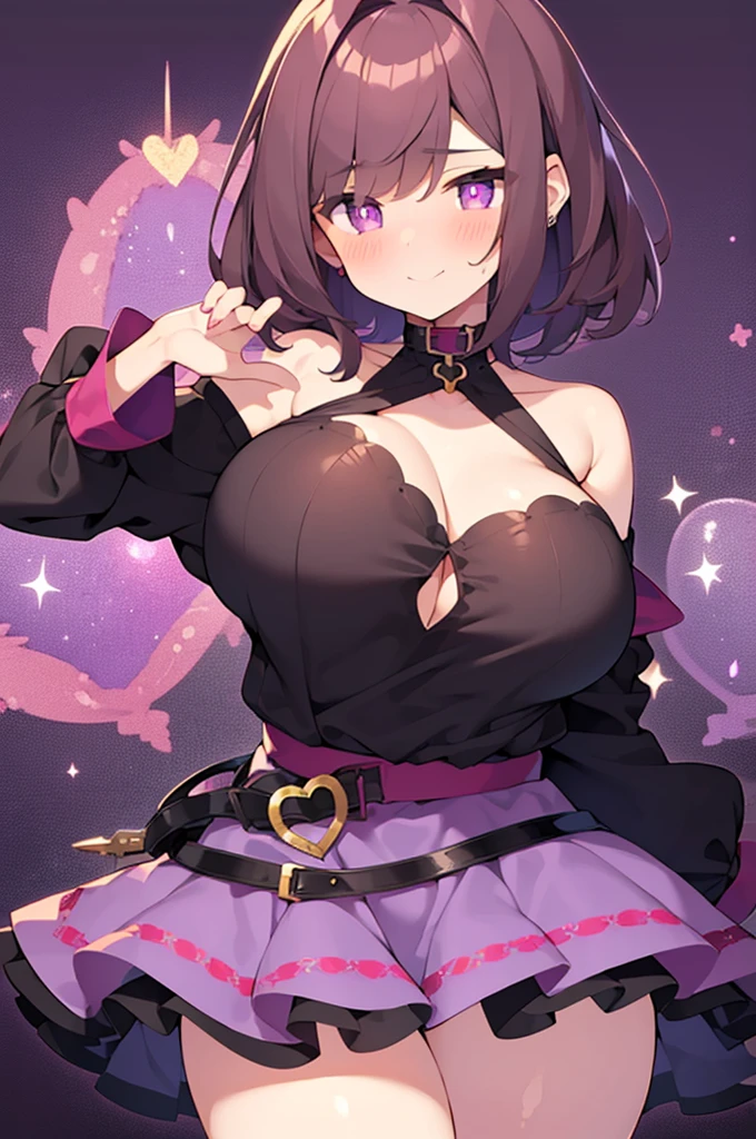 ((best quality)), ((masterpiece)), (detailed)),Cute Girl,Short Brown Hair,Purple Eyes,Heart shaped pupils,Cute smile,Red Blush,big breasts,showed under ,bare thick thighs,cute skirt,Glowing purple eyes,cute pose,hand beneath breasts,purple background,detailed heart shaped pupils