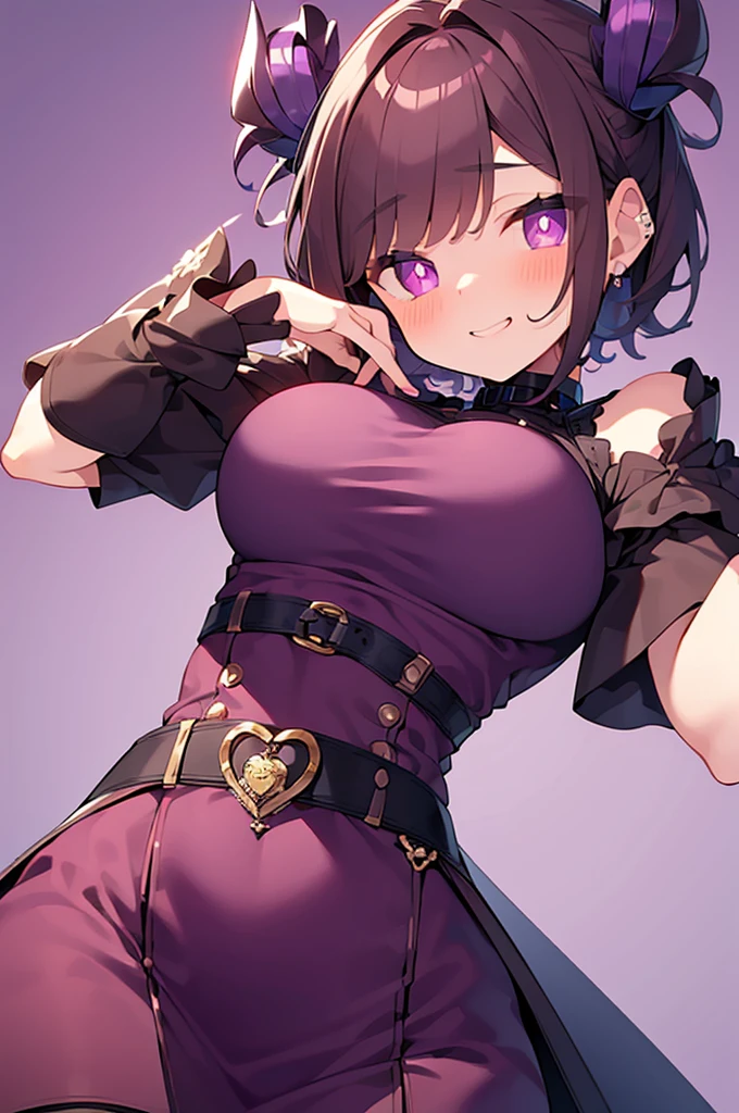 ((best quality)), ((masterpiece)), (detailed)),Cute Girl,Short Brown Hair,Purple Eyes,Heart shaped pupils,Cute smile,Red Blush,big breasts,showed under ,bare thick thighs,cute skirt,Glowing purple eyes,cute pose,hand beneath breasts,purple background,detailed heart shaped pupils