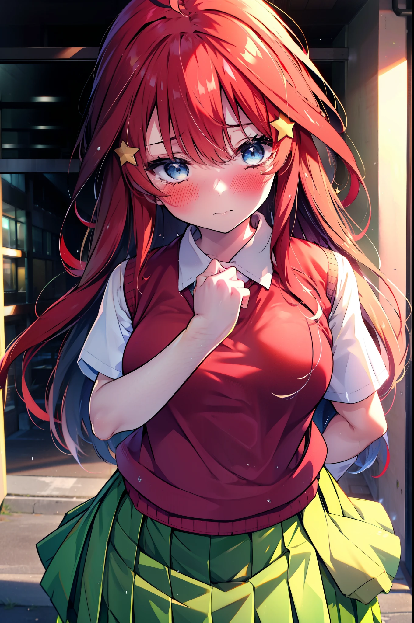 itsukinakano, itsuki nakano, bangs, blue eyes, Hair between the eyes, Ahoge, Redhead, star \(symbol\), hair ornaments, star hair ornaments,Tears stream down her face,Tears of joy,I cry a lot,blush,
skirt, shirt , clavicle, white shirt, Short sleeve, Pleated skirt, socks, collared shirt, mini skirt, Knee-high, white socks, (Green Skirt:1.5), (red sweater vest:1.5),Black Loafers,Sunset,evening,The sun is setting,whole bodyがイラストに入るように,
break outdoors, Back of the school building,
break looking at viewer, whole body,(Cowboy Shot:1. 5)
break (masterpiece:1.2), Highest quality, High resolution, unity 8k wallpaper, (figure:0.8), (Beautiful attention to detail:1.6), Highly detailed face, Perfect lighting, Highly detailed CG, (Perfect hands, Perfect Anatomy),