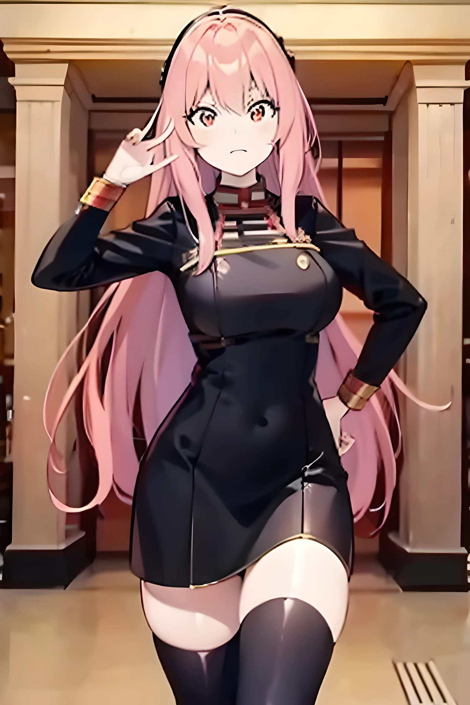 adult, be adult, be 30 age, 30 age, 30 years old, hot women, 175 cm, long-sleeve, long legs, the bridge of the nose, Stockings, 2d, animation, be women, if be women, if be adult, Japanese animation Spy Family, Japanese animation Spy Family Anya Forger, black dress, gold Decoration, red tie, white shirts, grean eyes, pink hair, female, Jawline, features, European background, random pose
