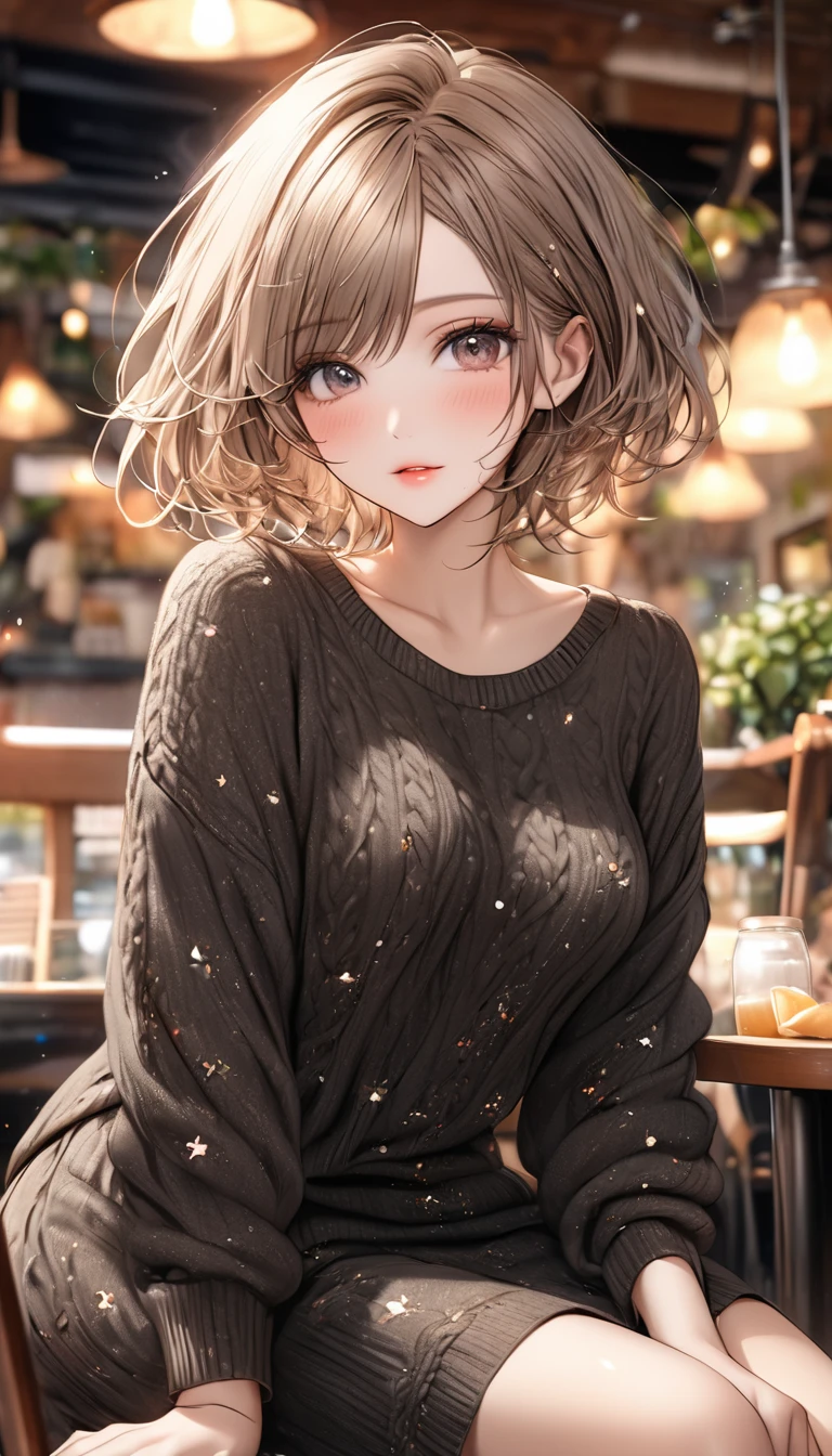 best quality, super fine, 16k, incredibly absurdres, extremely detailed, 2.5D, delicate and dynamic depiction, beautiful woman, amorous and lewd expression, light brown messy wavy short hair, make-up, wearing loose fitting black summer knit sweater and long skirt, sitting in cafe, sparkly fluffy effect, portraits, prime lenses, lens filters, clear subject