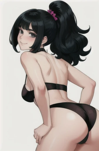 A thin girl with black hair in small black lingerie smiles for the photo. focus on the ass. 