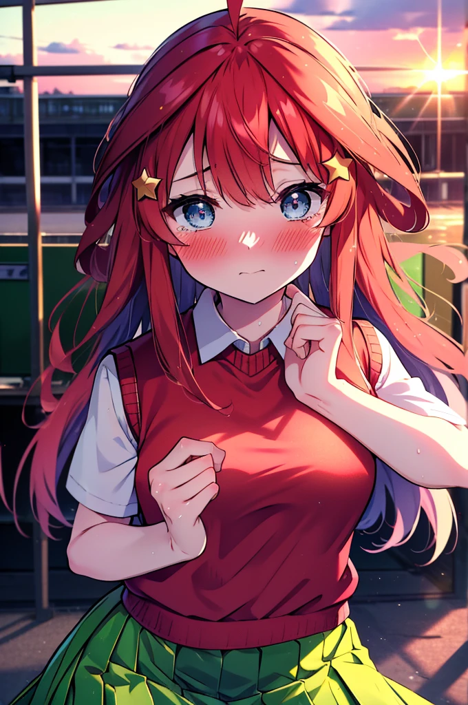 itsukinakano, itsuki nakano, bangs, blue eyes, Hair between the eyes, Ahoge, Redhead, star \(symbol\), hair ornaments, star hair ornaments,Tears stream down her face,Tears of joy,I cry a lot,blush,
 skirt, shirt , clavicle, white shirt, Short sleeve, Pleated skirt, socks, collared shirt, mini skirt, Knee-high, white socks, (Green Skirt:1.5), (red sweater vest:1.5),Black Loafers,Sunset,evening,The sun is setting,whole bodyがイラストに入るように,
break outdoors, Back of the school building,
break looking at viewer, whole body,(Cowboy Shot:1. 5)
break (masterpiece:1.2), Highest quality, High resolution, unity 8k wallpaper, (figure:0.8), (Beautiful attention to detail:1.6), Highly detailed face, Perfect lighting, Highly detailed CG, (Perfect hands, Perfect Anatomy),