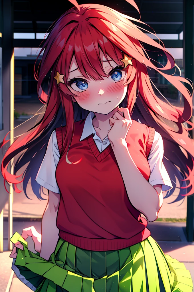 itsukinakano, itsuki nakano, bangs, blue eyes, Hair between the eyes, Ahoge, Redhead, star \(symbol\), hair ornaments, star hair ornaments,Tears stream down her face,Tears of joy,I cry a lot,blush,
 skirt, shirt , clavicle, white shirt, Short sleeve, Pleated skirt, socks, collared shirt, mini skirt, Knee-high, white socks, (Green Skirt:1.5), (red sweater vest:1.5),Black Loafers,Sunset,evening,The sun is setting,whole bodyがイラストに入るように,
break outdoors, Back of the school building,
break looking at viewer, whole body,(Cowboy Shot:1. 5)
break (masterpiece:1.2), Highest quality, High resolution, unity 8k wallpaper, (figure:0.8), (Beautiful attention to detail:1.6), Highly detailed face, Perfect lighting, Highly detailed CG, (Perfect hands, Perfect Anatomy),