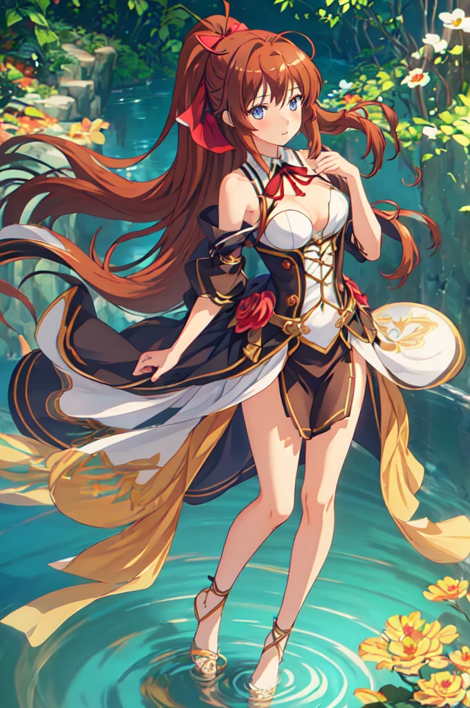 (highly detailed CG illustration), (masterpiece), (best quality), (ultra detailed), (illustration), (1female), standing, Fashion model, (detailed background), (ultra detailed body), (beautiful detailed body), (highly detailed body), beautiful detailed eyes, delicate beautiful face, Floating,(high saturation),(colorful splashes),colorful bubble,(shining), focus on face, floating flowers, floating hairs, (shining), best lighting, best shadow, 1female solo, solo, full body, (highly detailed CG illustration), blue_eyes, blush, brown_hair, bangs, long_hair, closed_mouth, ponytail, ribbon, hair_ribbon, red_hair, koshigaya_natsumi_nonnonbiyori
