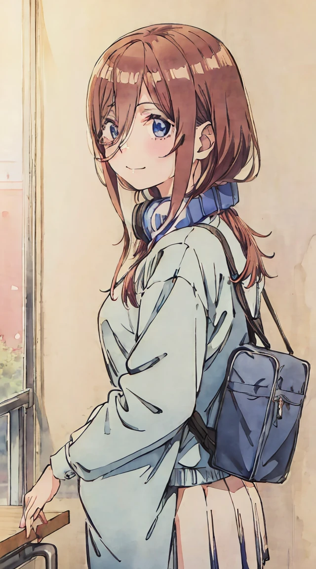 school classrooms、Watercolor style、Pale colors、hand painted style, **** student、hi-school girl、School route、carrying a schoolbag、Walking Girl Japan、posterior view、Looks Back、high-school uniform、A smile、frontage、The upper part of the body、pink red Brown hair、short-hair、cowboy  shot, miku nakano