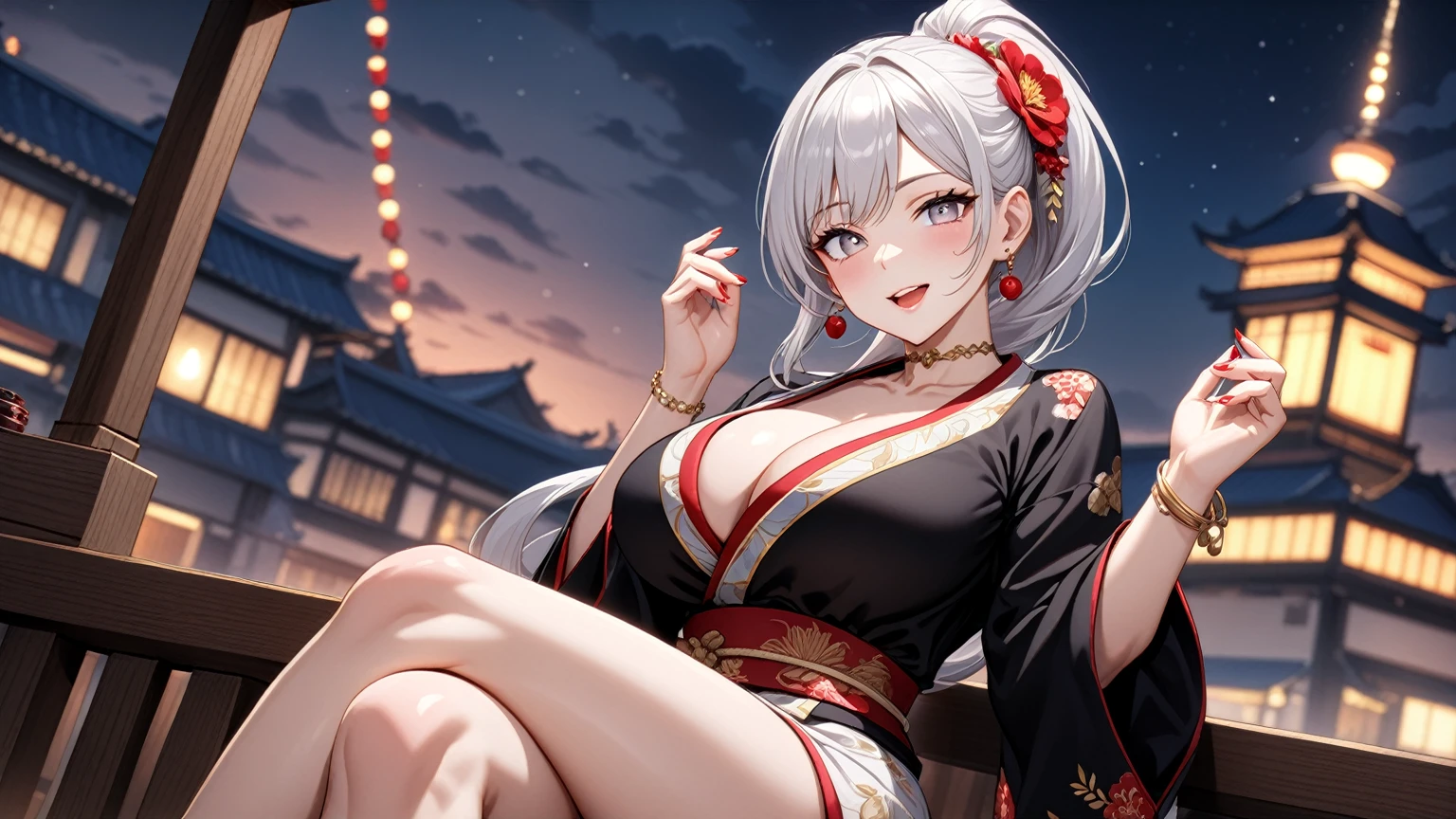 ((One personの女性)), Beautiful Face, (Laughing embarrassedly), (naughty face:1.3),((Wink:1.7)), (head tilt:1.3), upper teeth,Laugh with your mouth wide open,((Bright red cheeks:1.4)), Glossy red lips, ((crossed legs:1.4)), Shining Face, Touching hair with hands,looking at viewer, Rooftop terrace, firework,Lighting on the face, ((Anime style background)),masterpiece, Highest quality, so beautiful,up to date, Complex details, (Pink long nails),(ring),(bracelet),(Floral choker),AI-generated, Complex,High resolution, Highest quality, super high quality,3D Images、3D Images,One person,Long white hair,High Ponytail, Anime woman posing for a photo,(blue eyes), ((Fine grain、Silvery white eyes、Shining Eyes:1.3)), (Squint your eyes:1.1),a hyperRealistic , hyperRealistic , Realistic,Anime woman with long white hair, Smooth anime CG art, A woman in a colorful kimono with gold embroidery, (Black long sleeve kimono),Red floral pattern,Long flower hair ornament,Earrings,Mature Body,(Big Breasts:1.1),Tall,Abdominal muscles,Tight waist,(Zoom in on face:1.3), (dutch angle),