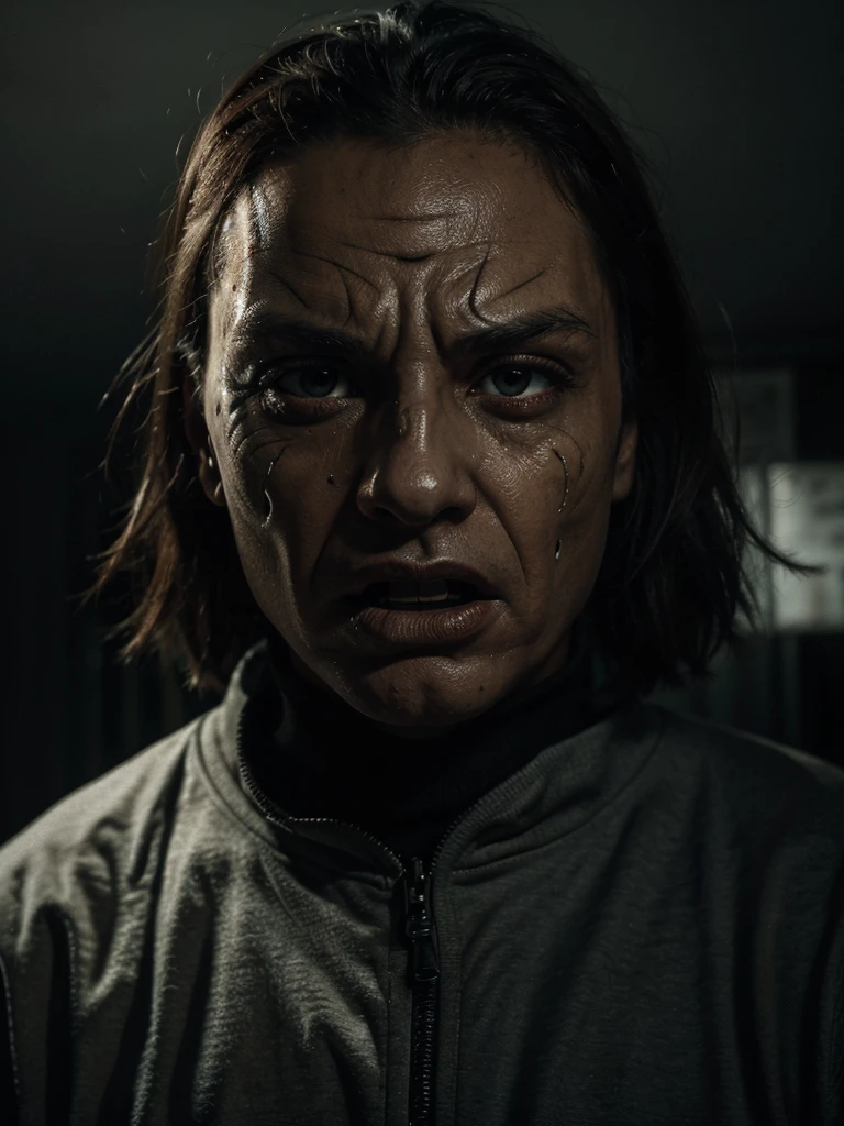 A terrifying close-up portrait of a person wearing a hockey mask, reminiscent of the iconic slasher villain from the Friday the 13th franchise. The mask is worn and weathered, with a sinister expression reflected in the mask's design. The person's face is obscured, but their open mouth and intense expression convey a sense of primal fear and aggression. The image is dramatic, with strong lighting and shadows that add to the ominous and unsettling atmosphere.