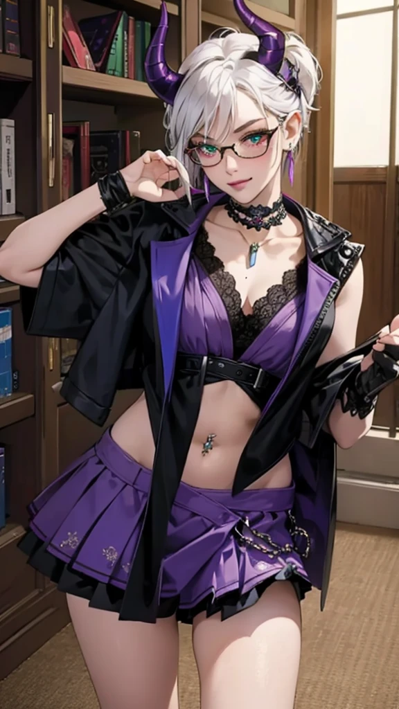 8k, masterpiece, best quality, highly detailed, 1 girl, tiefling, warlock, multicolored hair, very short straight hair green highlight hair on white hair, strippled hair, wearing glasses, round glasses, earrings, red eyeshadow, long eyelashes,navel piercing, blushed cheek, necklace, collarbone, high heels, mole, glamorous, purple and teal clothing, villainy, smirk, seductive face, fullbody view, rings, looking at viewer, standing, demon horns, solo, hand touching cheek, library, black lace gloves, holding book, miniskirt.