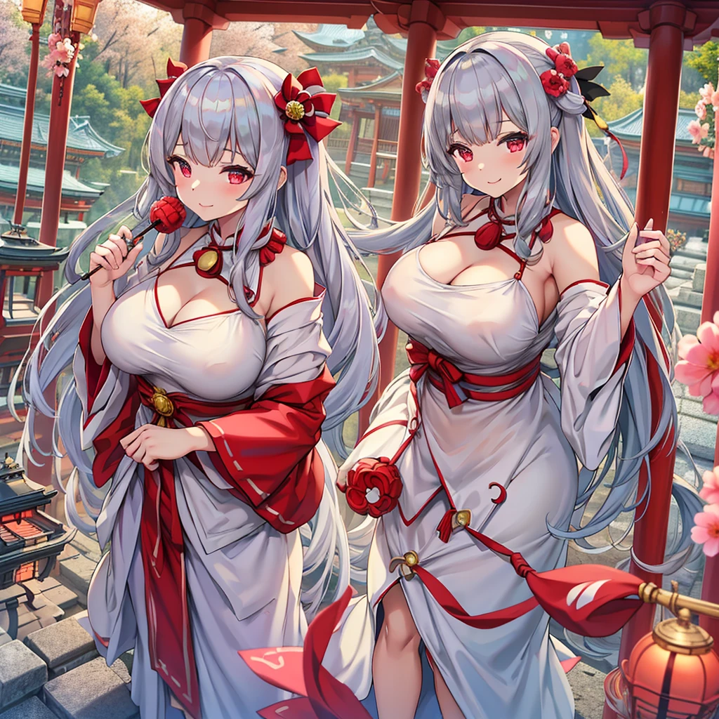 Masterpiece、Highest quality、Super detailed、1 girl、Gray Hair、(Big Tits)、Fluffy and soft long hair、Red-pink eyes、Shrine maiden、shrine、Cleavage、(The underboob is visible)、Belly button、Ruffles and ribbons、smile、Too big breasts